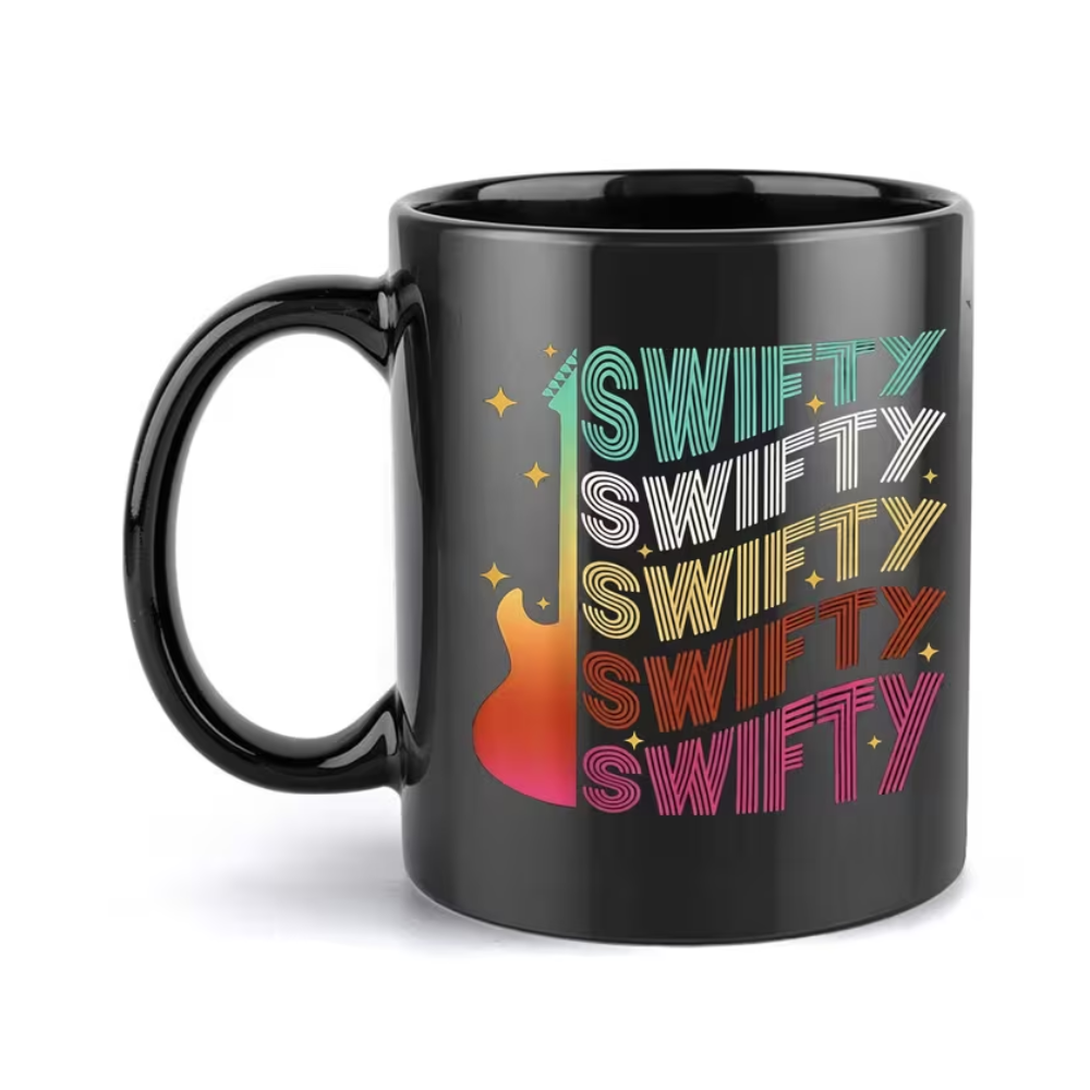 1pc Swifty Guitar Coffee Mug 11oz Ceramic Cup with Colorful Swifties Text & Flame Design - Music Fan Gift for Birthdays, Holidays, Hot & Cold Beverages, Music Mug, Birthday Drinkware, Playful Text Graphics, Highquality Print