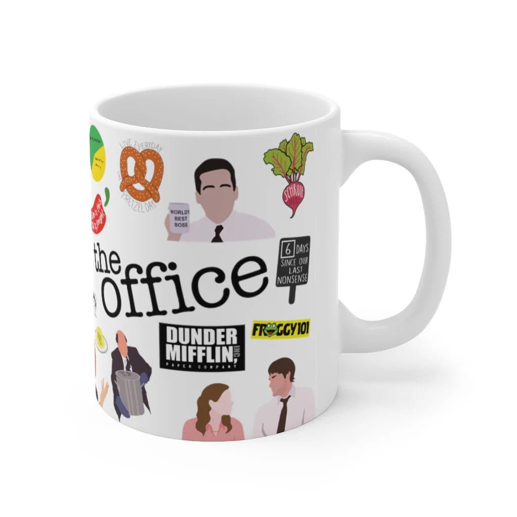 Close up of The Office Fan Mug Featuring Pam Jim and Kevin Chili Scene Snippets