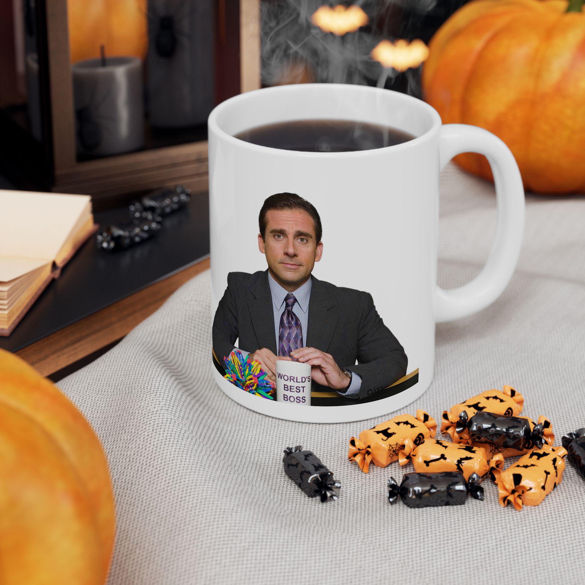 White Ceramic Mug with Michael Scott Image Filled with Hot Coffee