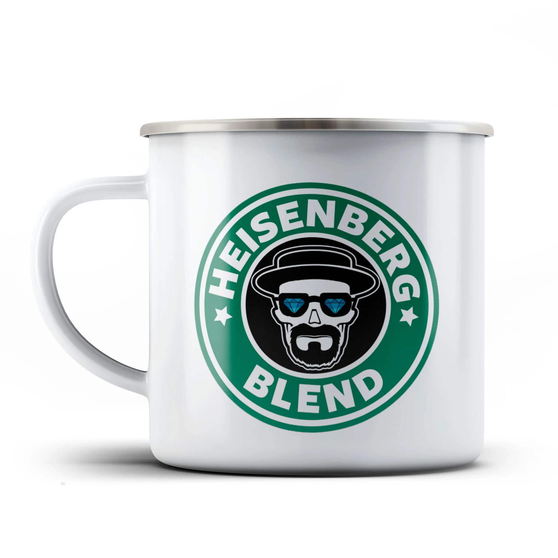 White Metal Enamel Mug Featuring Breaking Bad Character Graphic