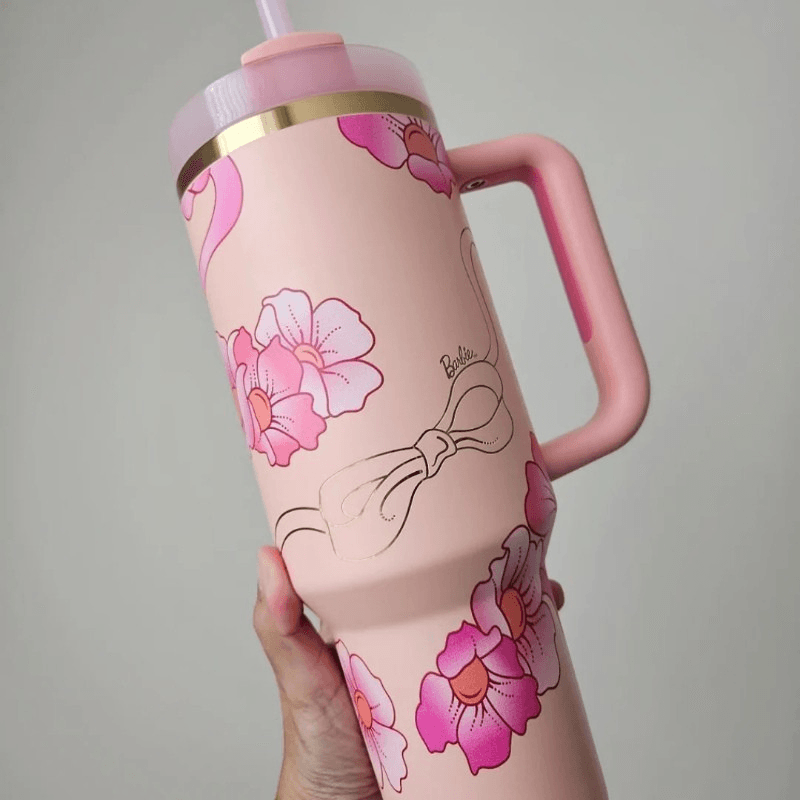 Floral Pattern Insulated Tumbler With Handle And Straw - Inspire Cups