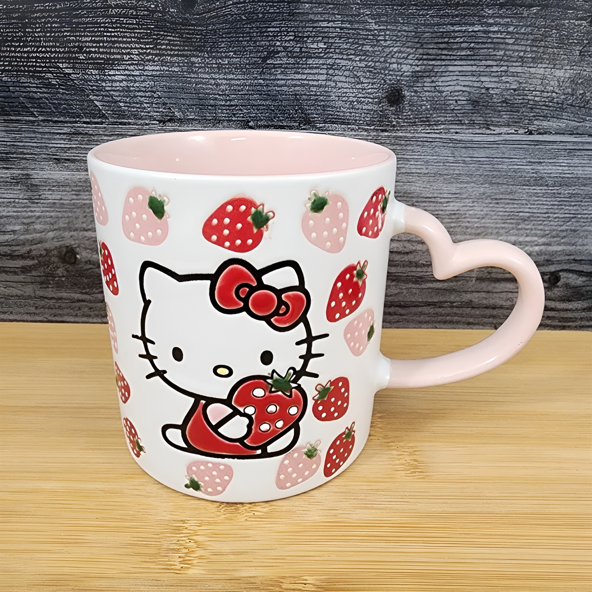 Hello Kitty Strawberry Love Coffee Mug Embossed Blue Sky Ceramic Pink Handle Cup
