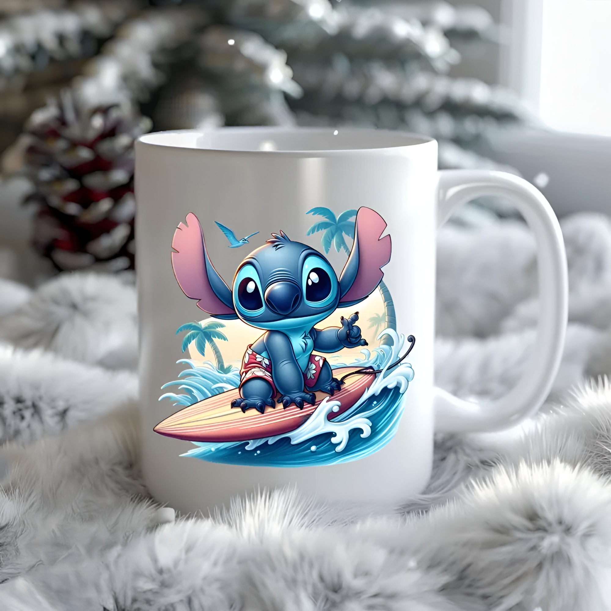 Surfing Stitch Tea Mug, Personalized Gift, 11oz Coffee Cup for Stitch Lovers