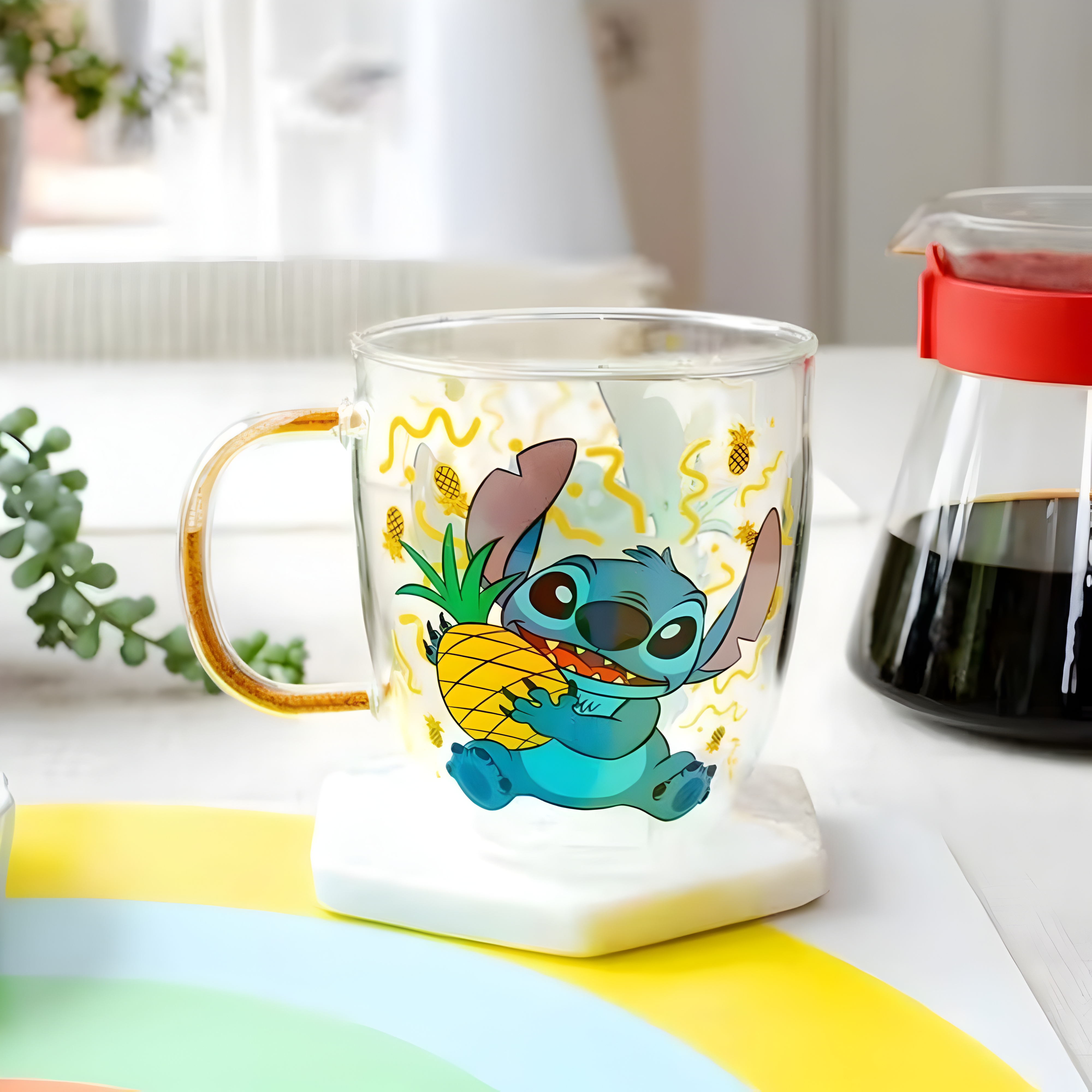 Stitch Pineapple Graphic Print 14oz Glitter Handle Coffee Mug