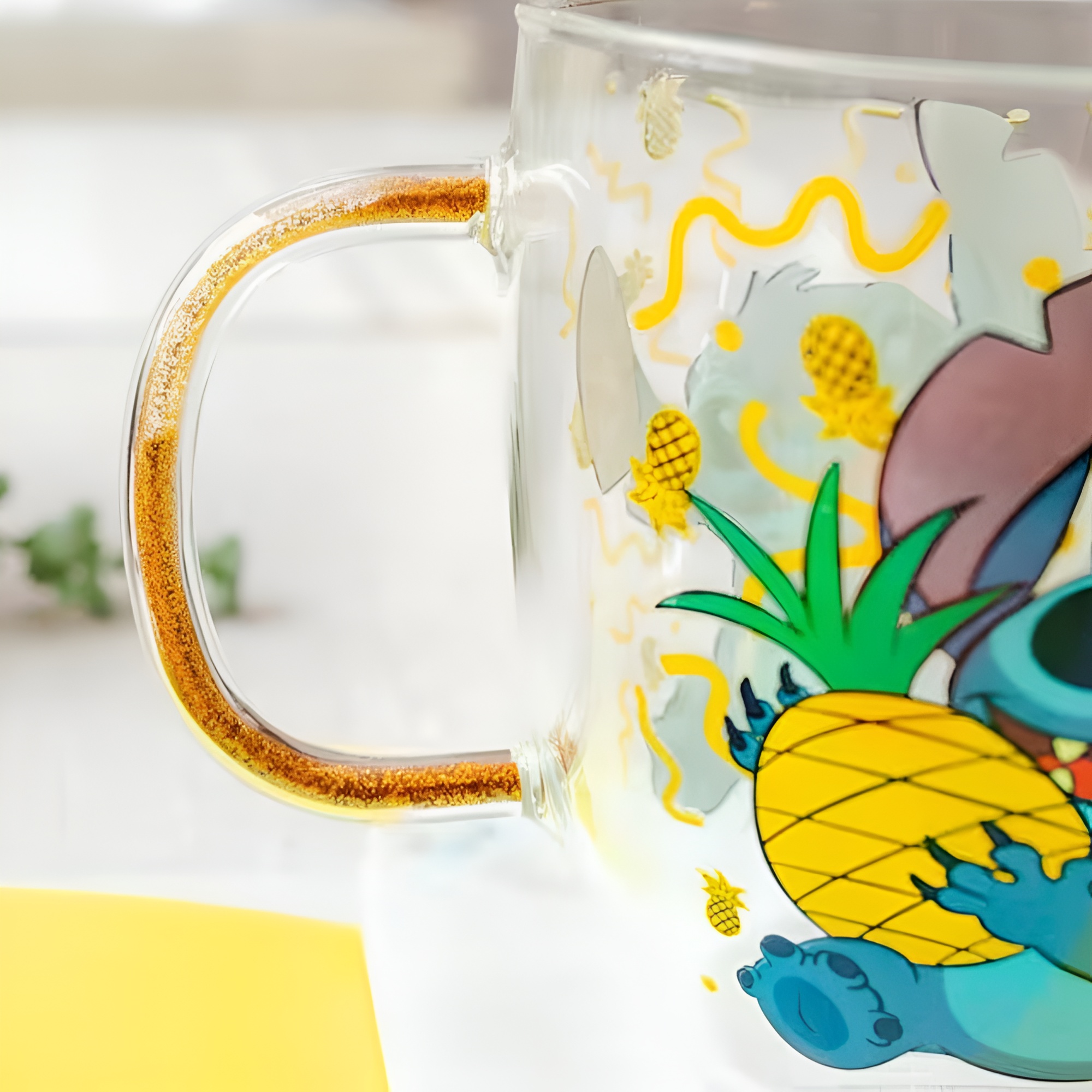 Stitch Pineapple Graphic Print 14oz Glitter Handle Coffee Mug