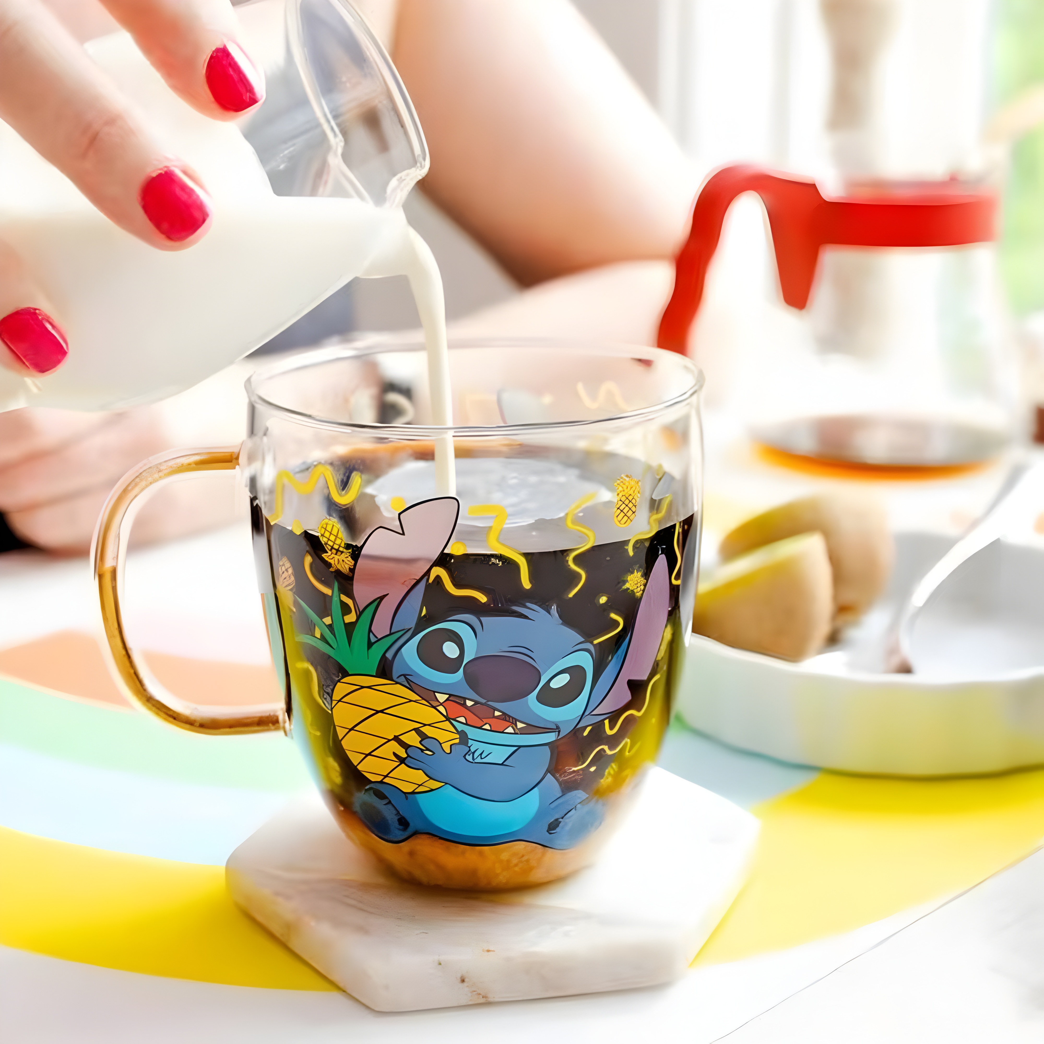 Stitch Pineapple Graphic Print 14oz Glitter Handle Coffee Mug