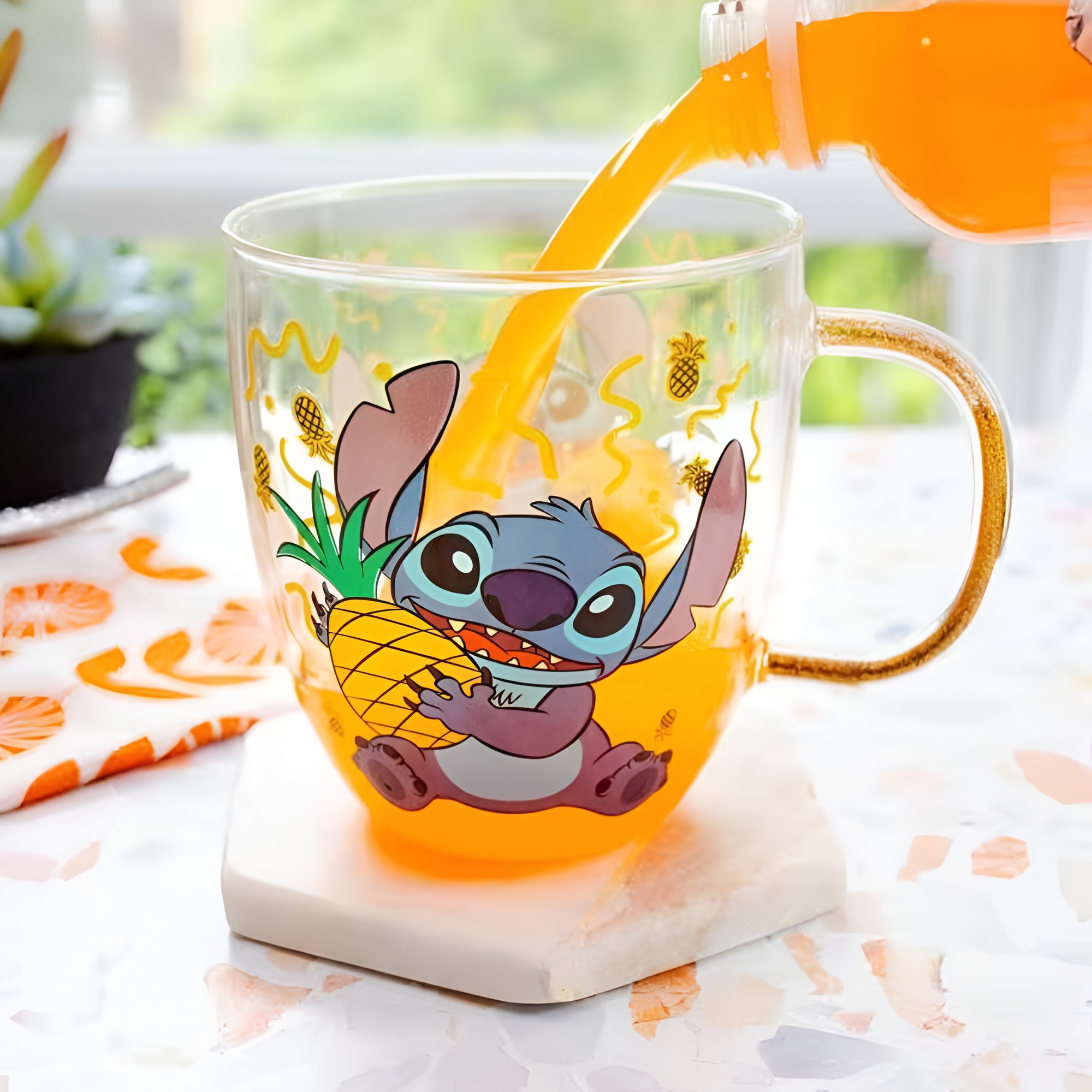 Stitch Pineapple Graphic Print 14oz Glitter Handle Coffee Mug