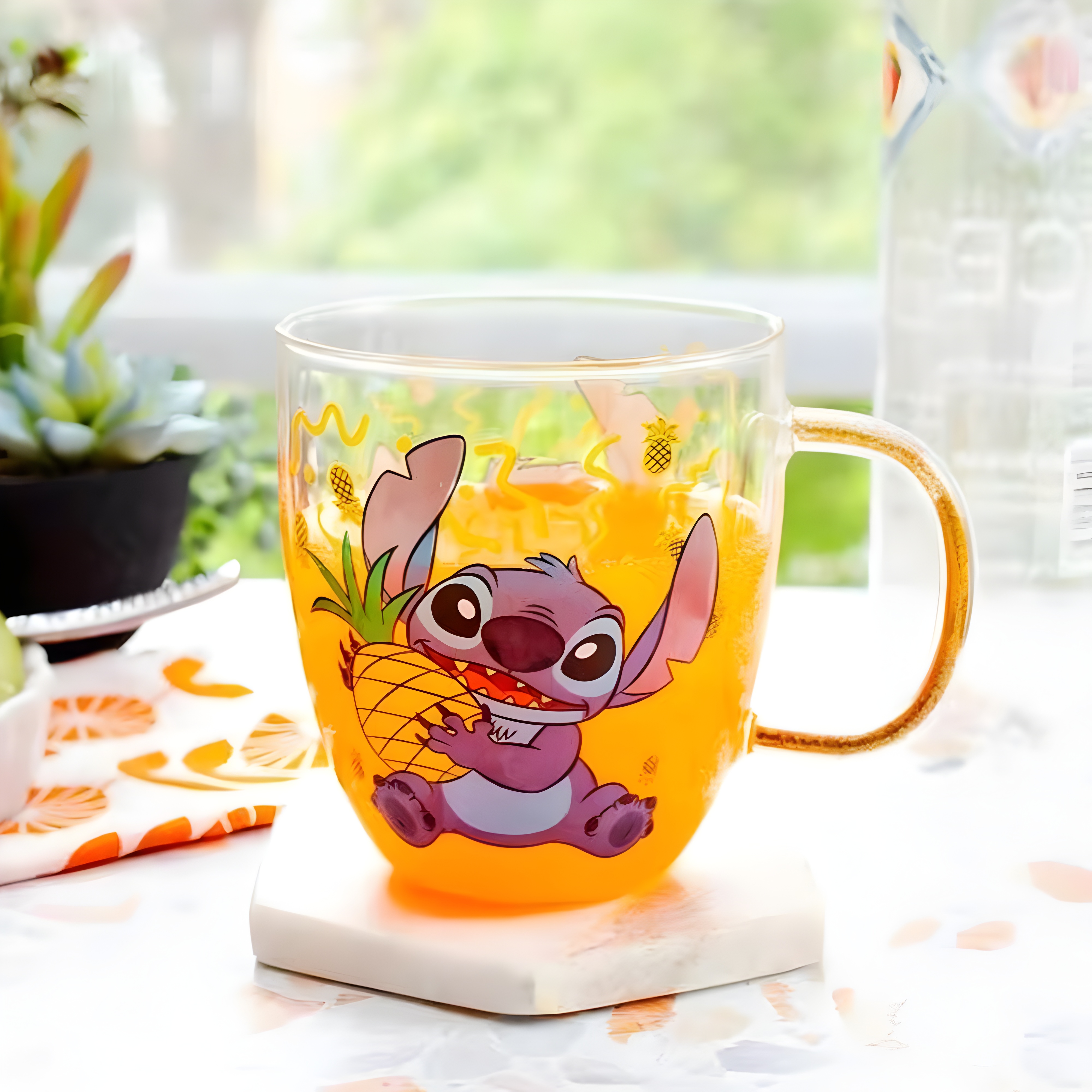Stitch Pineapple Graphic Print 14oz Glitter Handle Coffee Mug