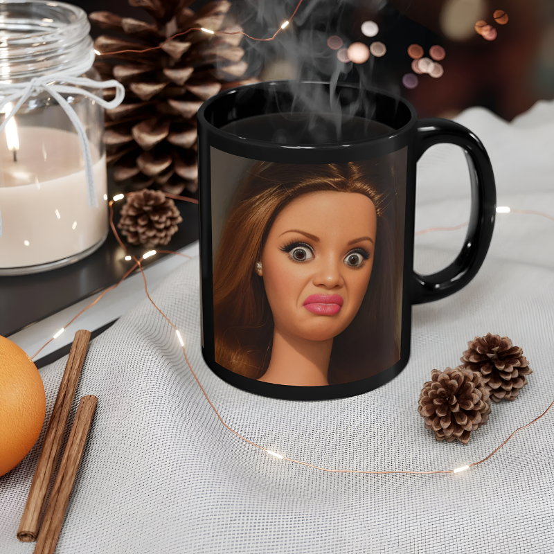 Barbie Disgusted Face Mug Black Ceramic Coffee and Tea Cup
