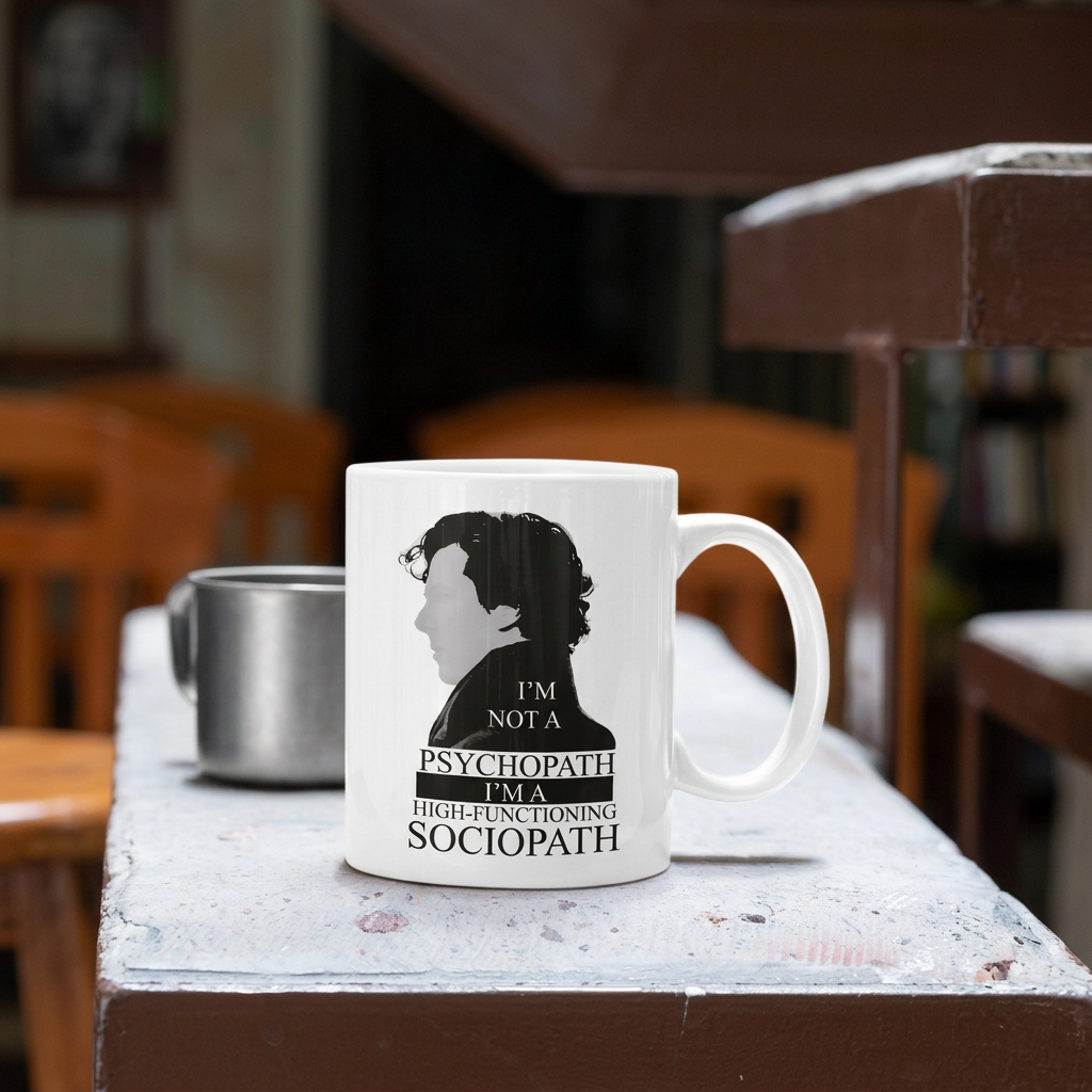 White Sherlock Holmes Sociopath Quote Mug On Table