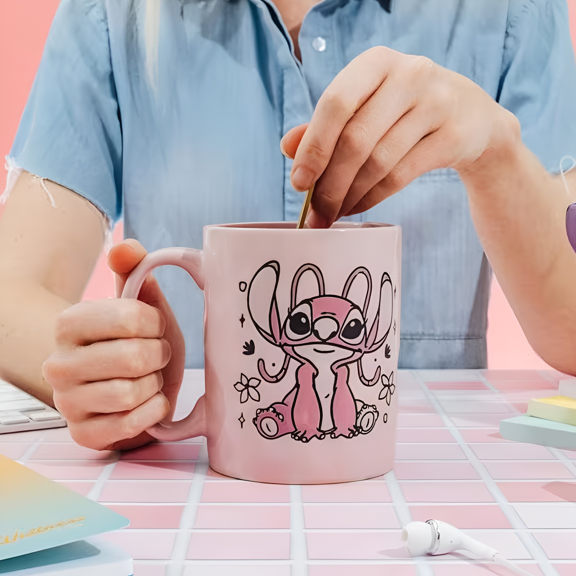 Stitch Angel Floral Print 17oz Ceramic Pottery Coffee Mug