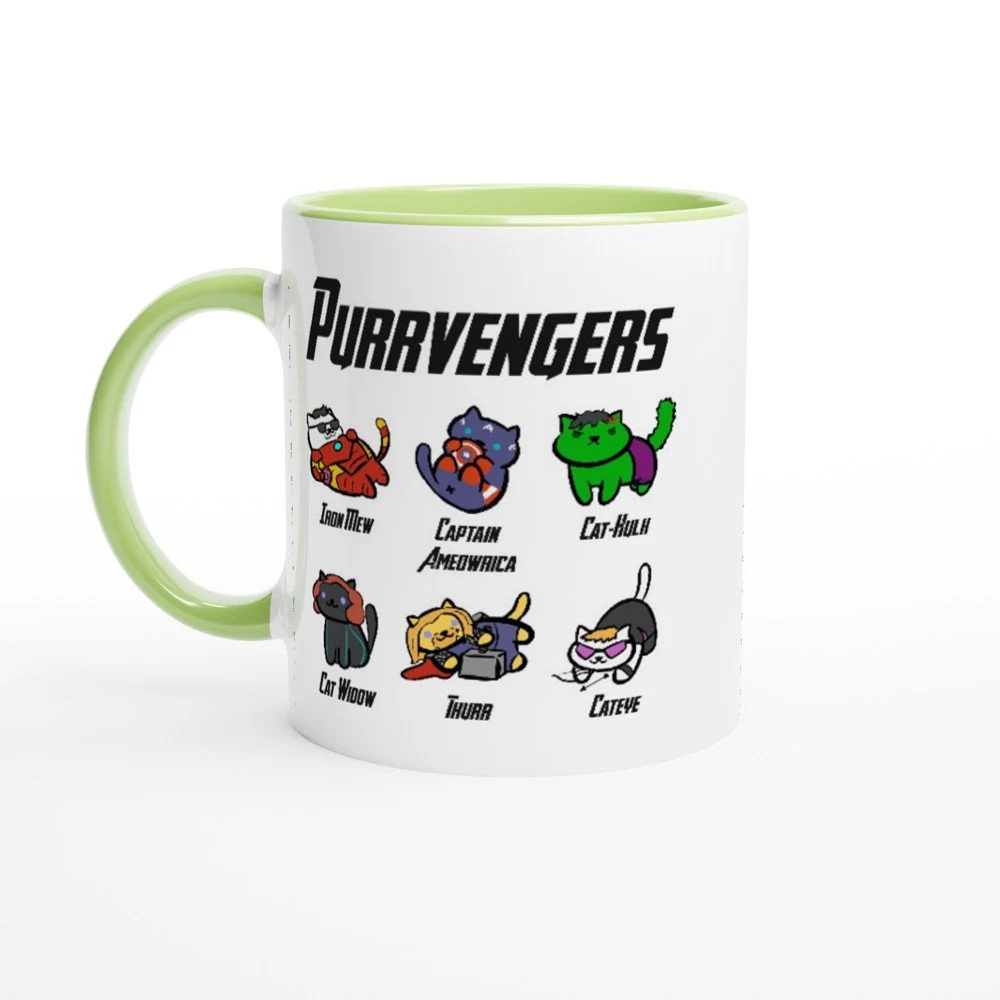 Dishwasher safe ceramic coffee mug with unique cat hero character prints on both sides