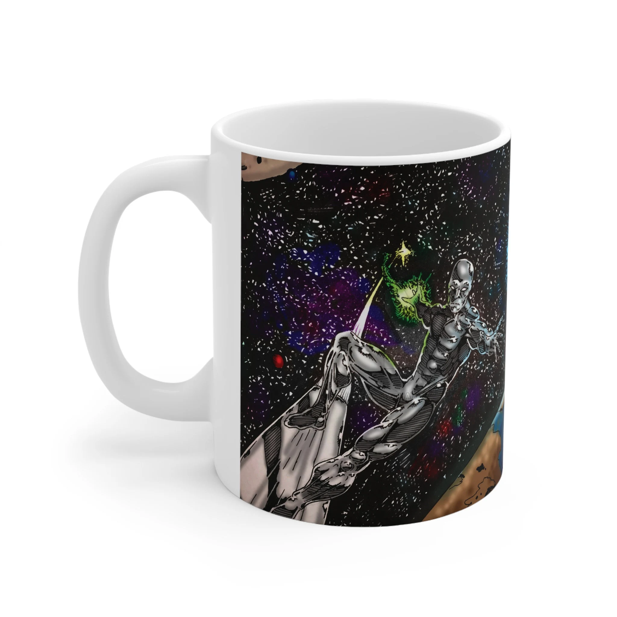 Silver Surfer Ceramic Mug With Illustration Of Character Harnessing Green Cosmic Energy