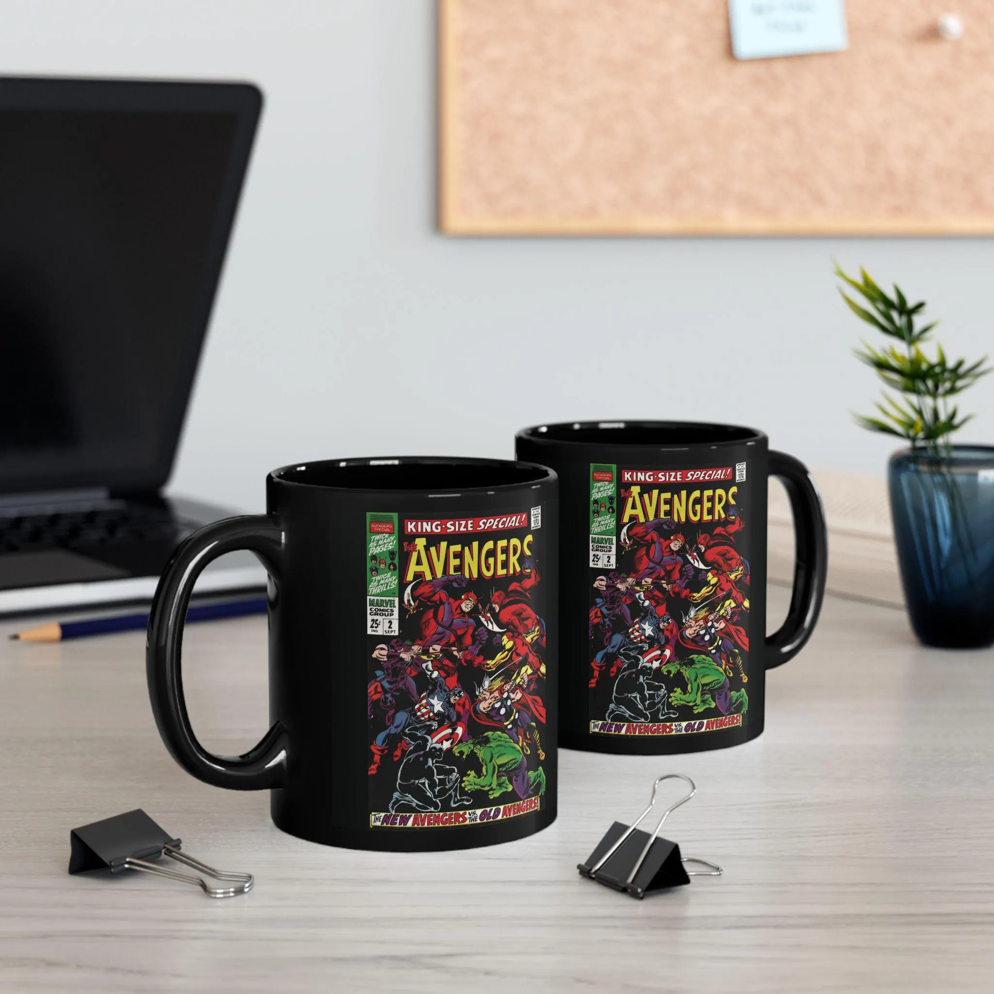 Glossy ceramic mug with a classic Avengers comic illustration being held by a woman wearing jewelry
