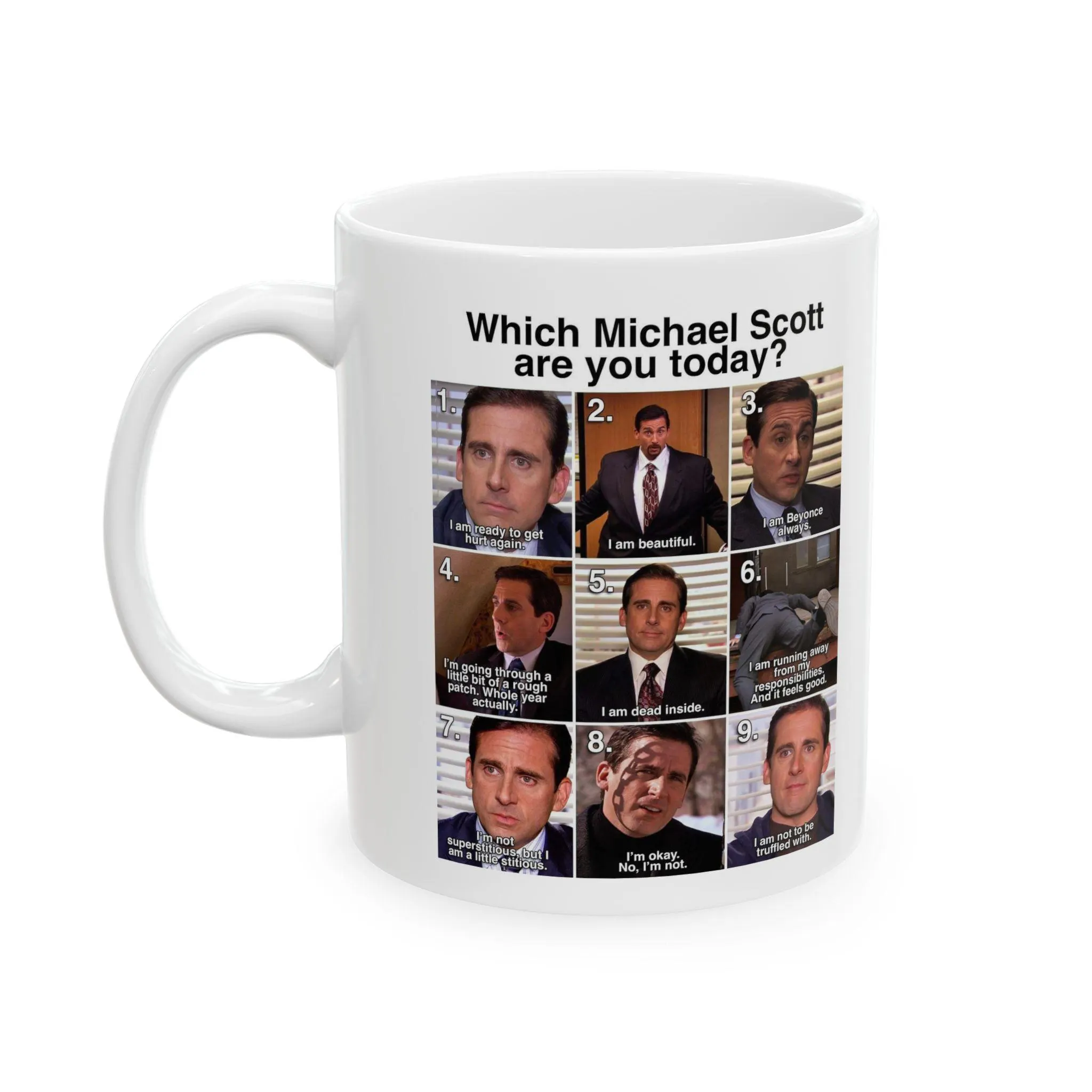 White Coffee Mug Featuring Michael Scott Grid Of Funny Expressions