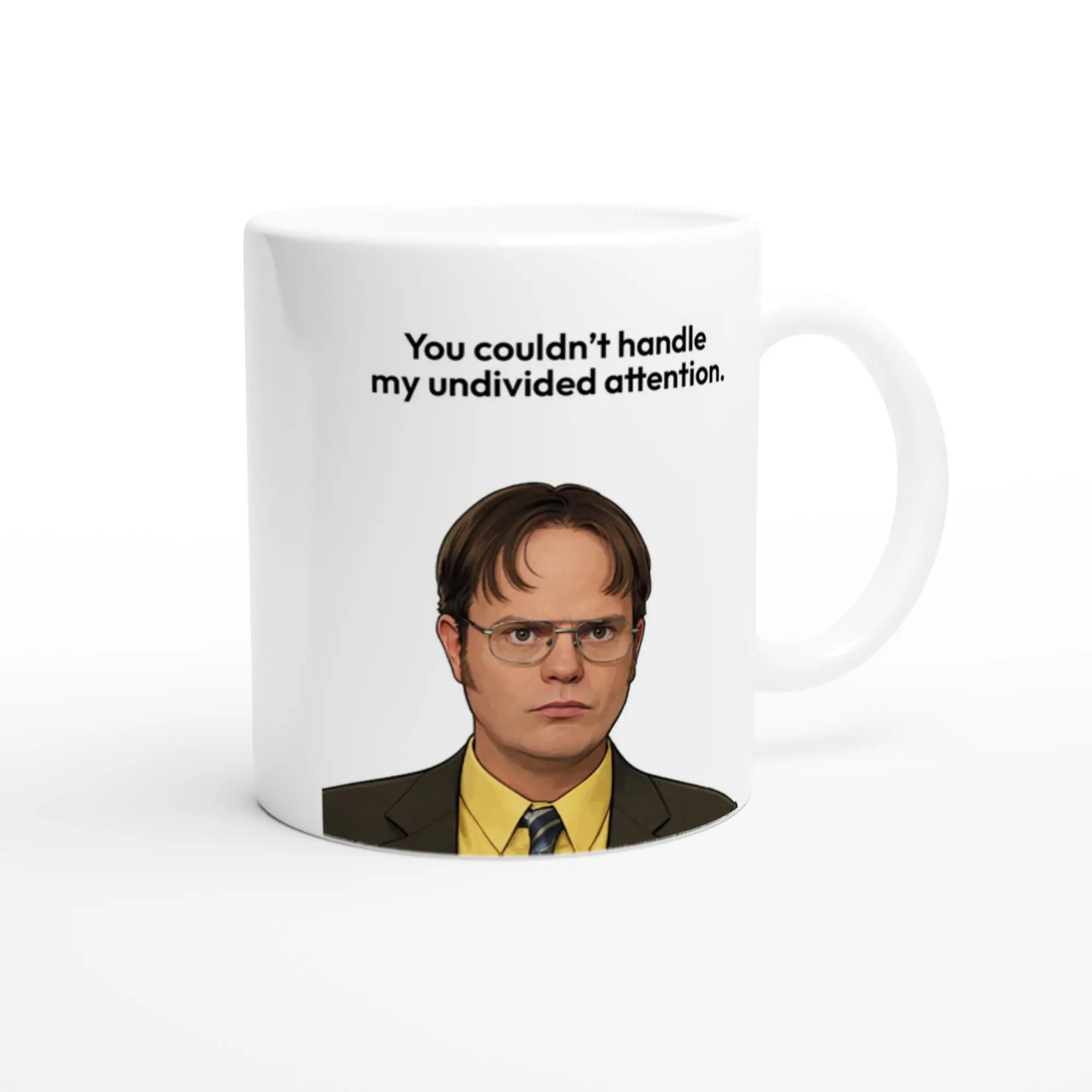 Angular View Of Ceramic Mug Featuring Dwight Schrute Illustration