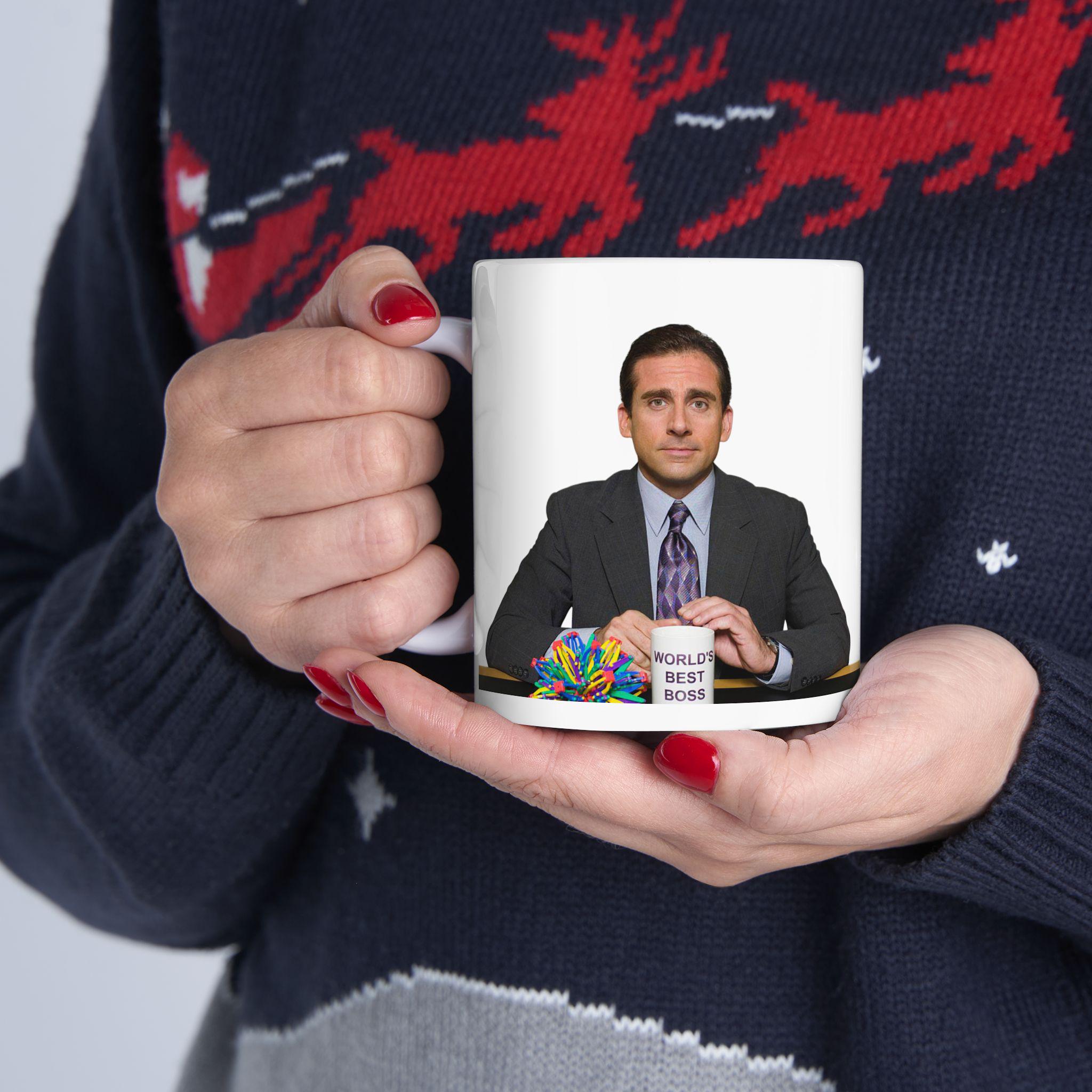 Person Wearing Reindeer Sweater Holding Michael Scott The Office Mug