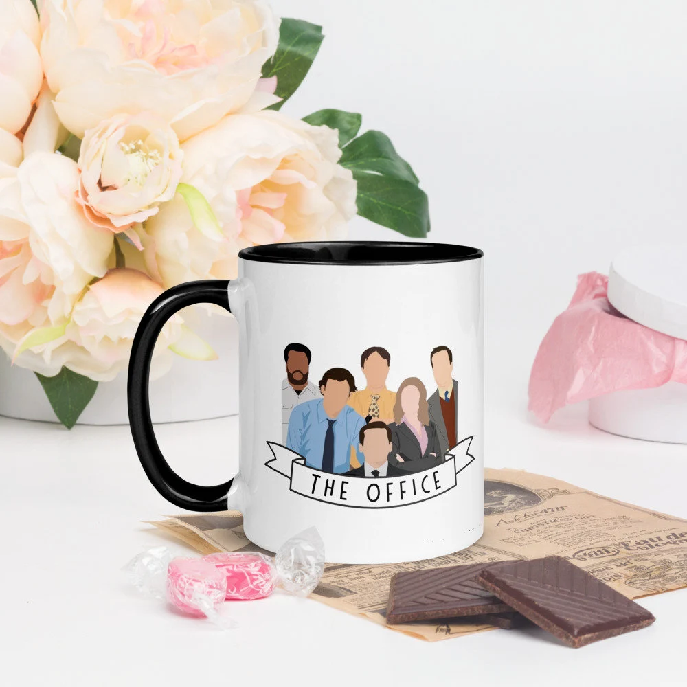 The Office US Cast Minimalist Character Art Ceramic Mug on Table with Treats