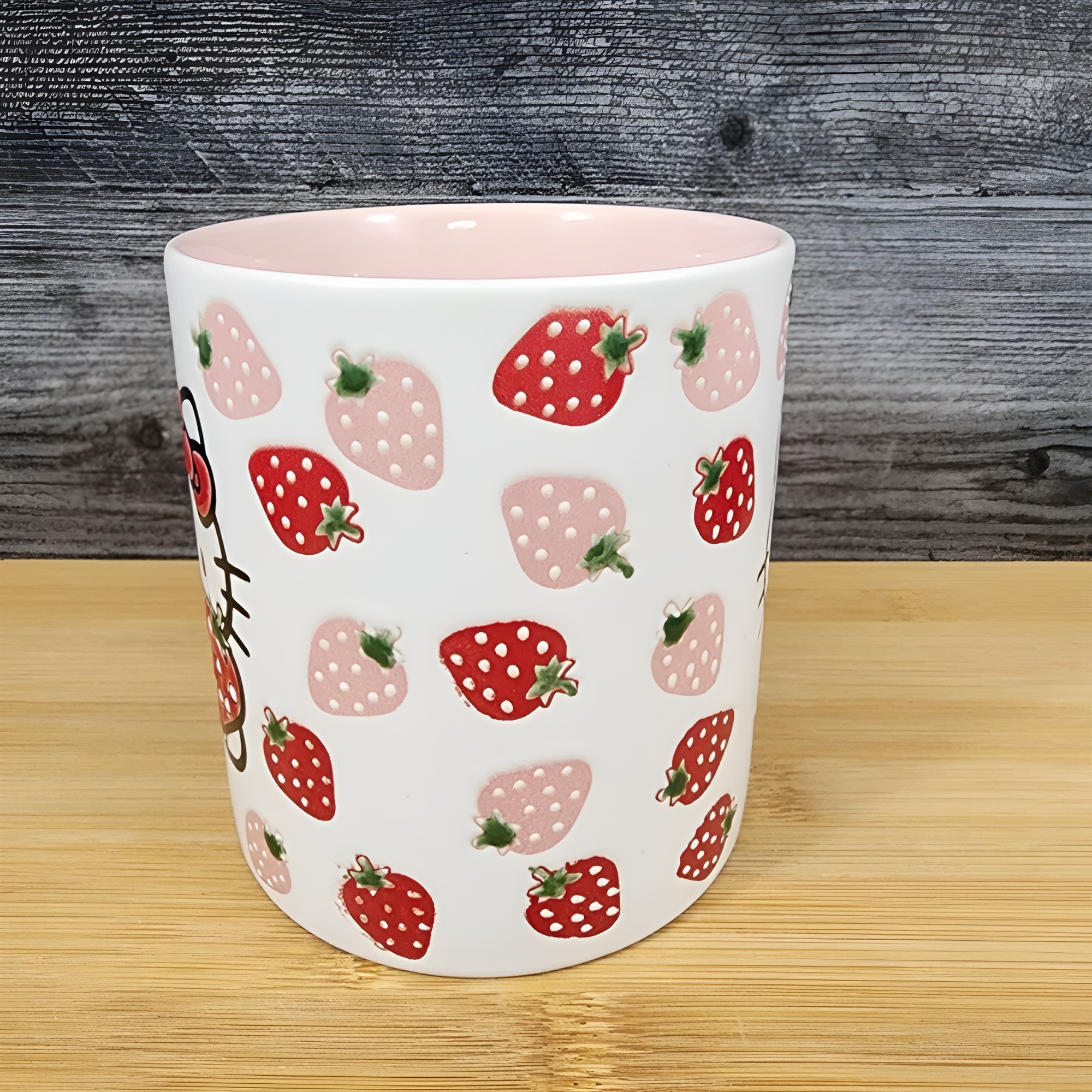 Hello Kitty Strawberry Love Coffee Mug Embossed Blue Sky Ceramic Pink Handle Cup