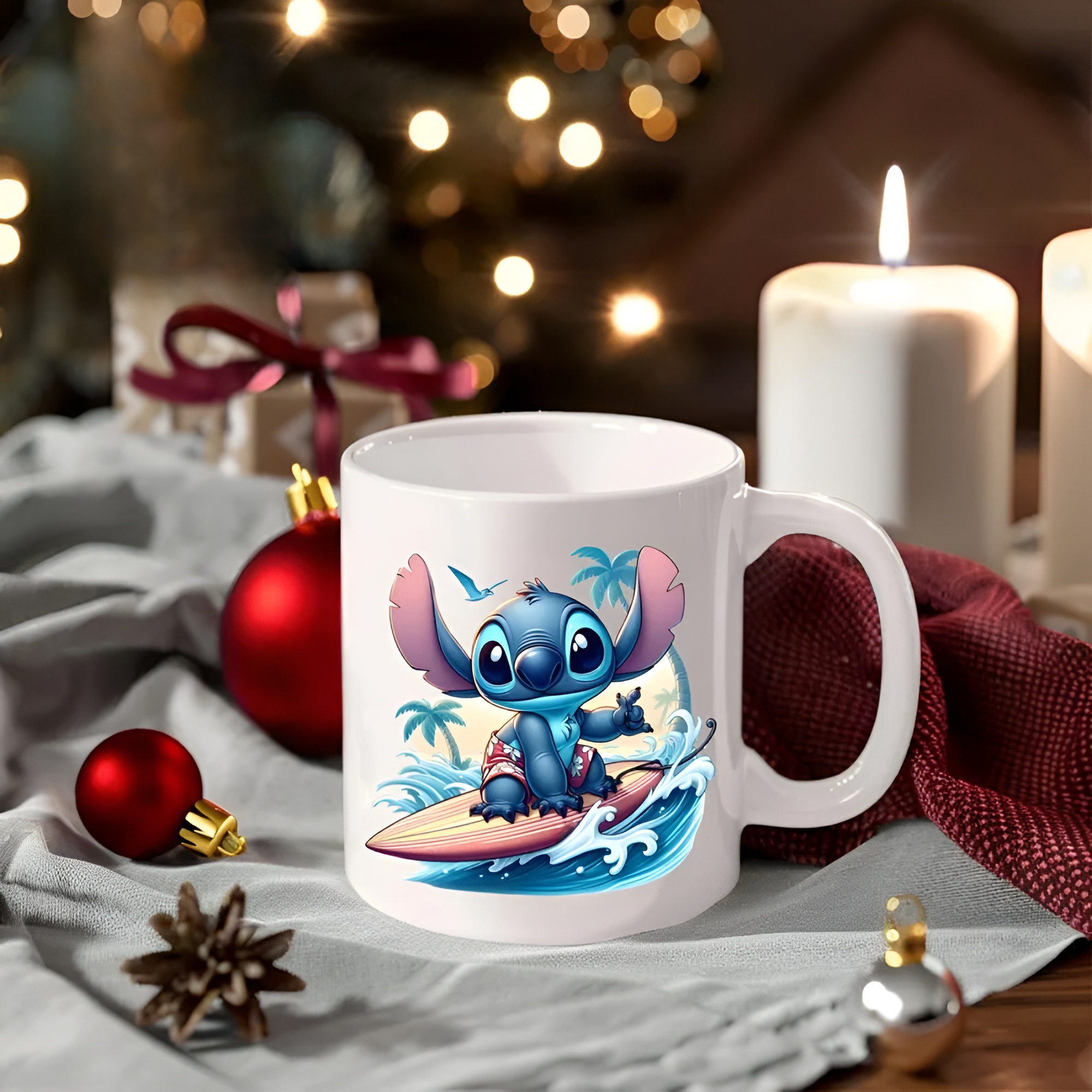 Surfing Stitch Tea Mug, Personalized Gift, 11oz Coffee Cup for Stitch Lovers