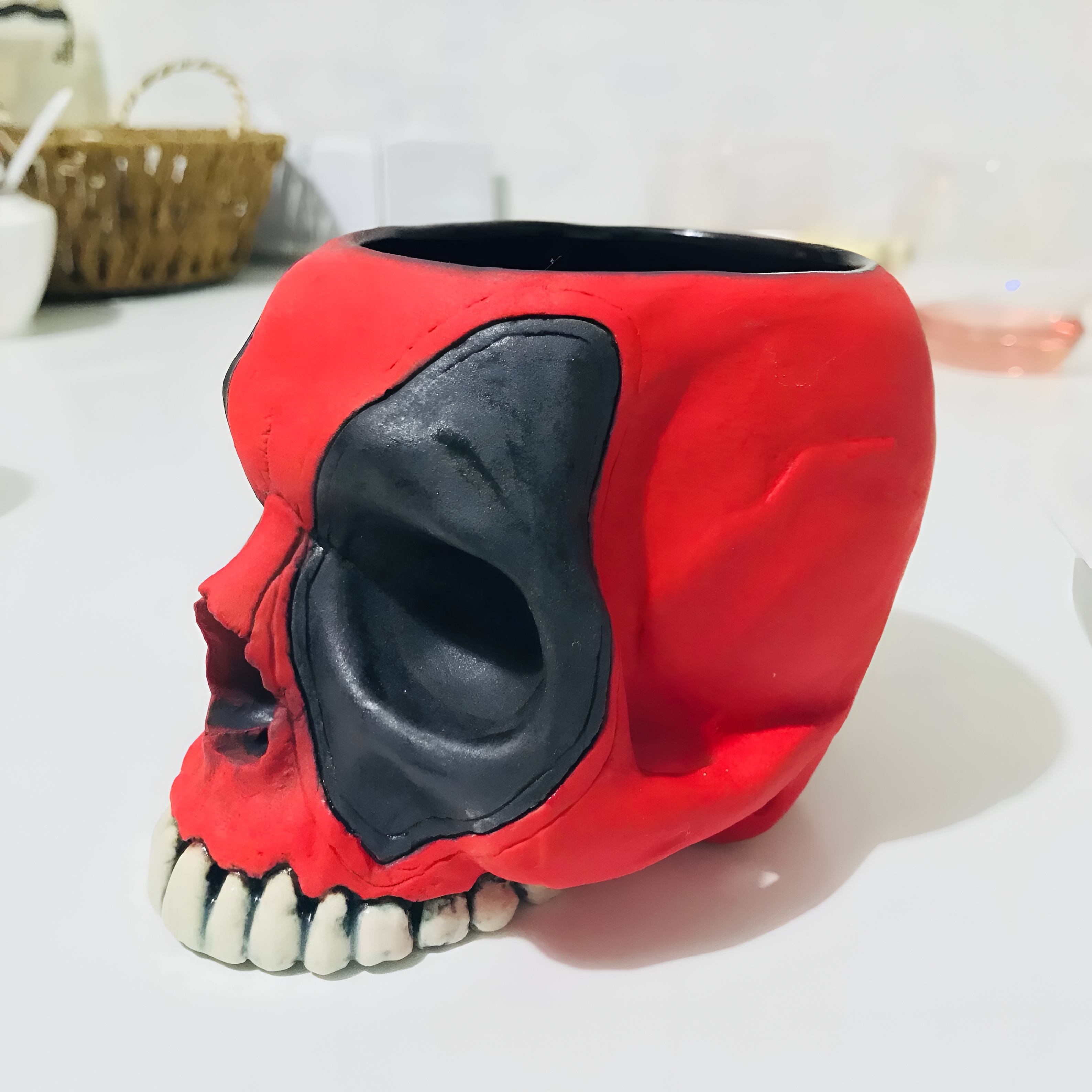 Deadpool Skull Ceramic Mug Handmade Matte Red and Black Coffee Cup