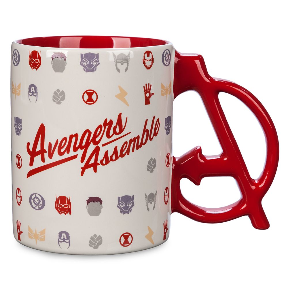 Large ceramic mug featuring Avengers Assemble text with hero icons and a distinctive letter A shaped handle