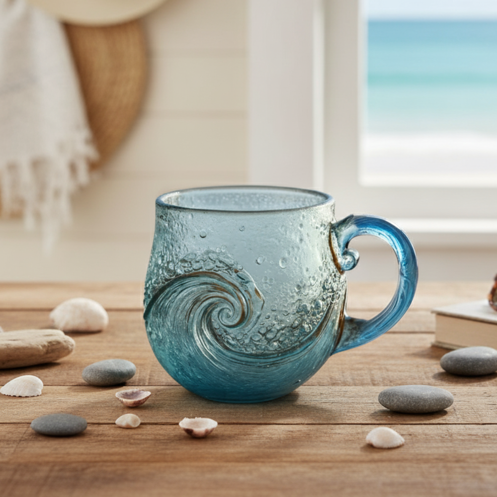Handcraft Textured Glass Mug with Coastal Wave PatternHandcraft Textured Glass Mug with Coastal Wave Pattern - View 9