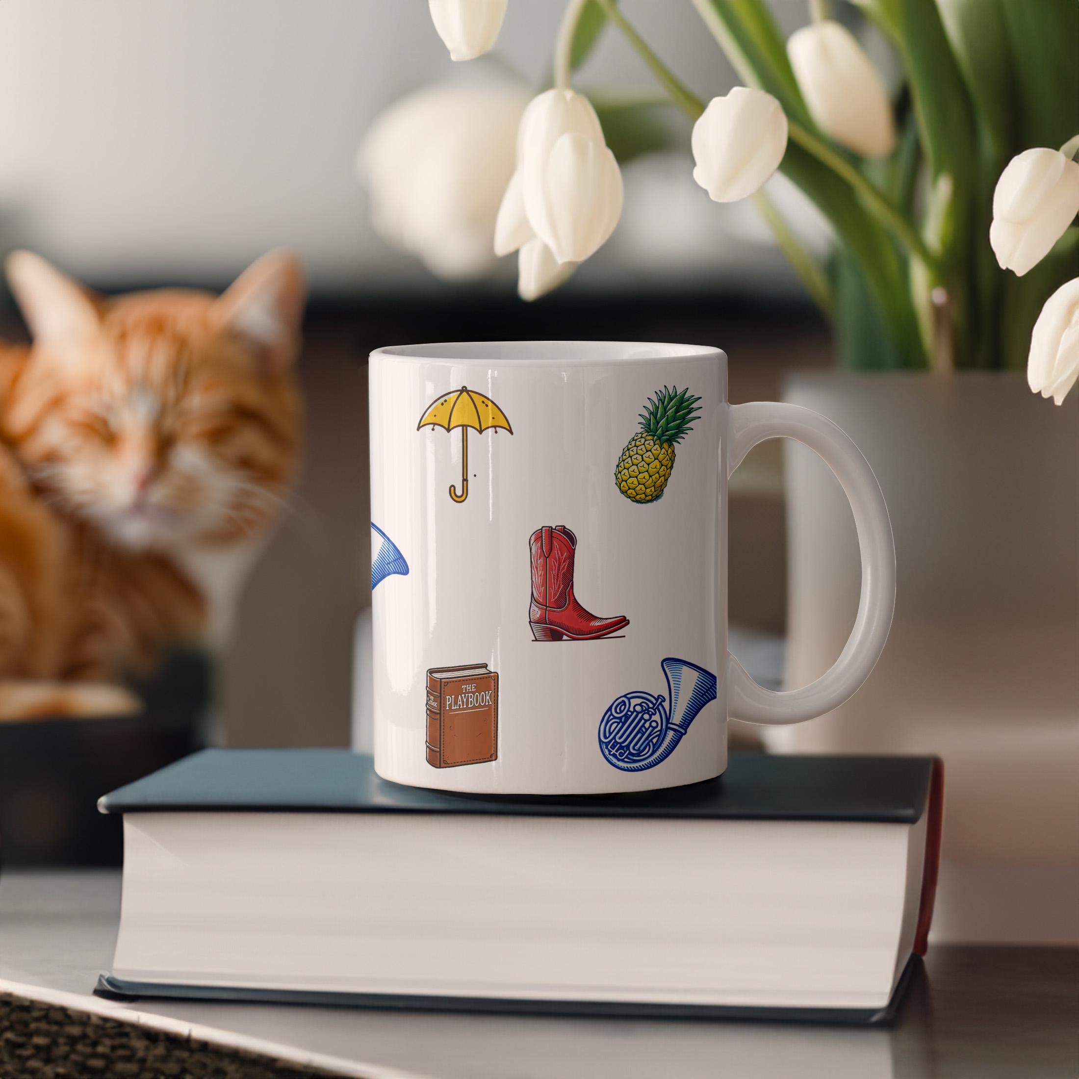 Ceramic mug with How I Met Your Mother show icons sitting on a book next to flowers and a white rabbit