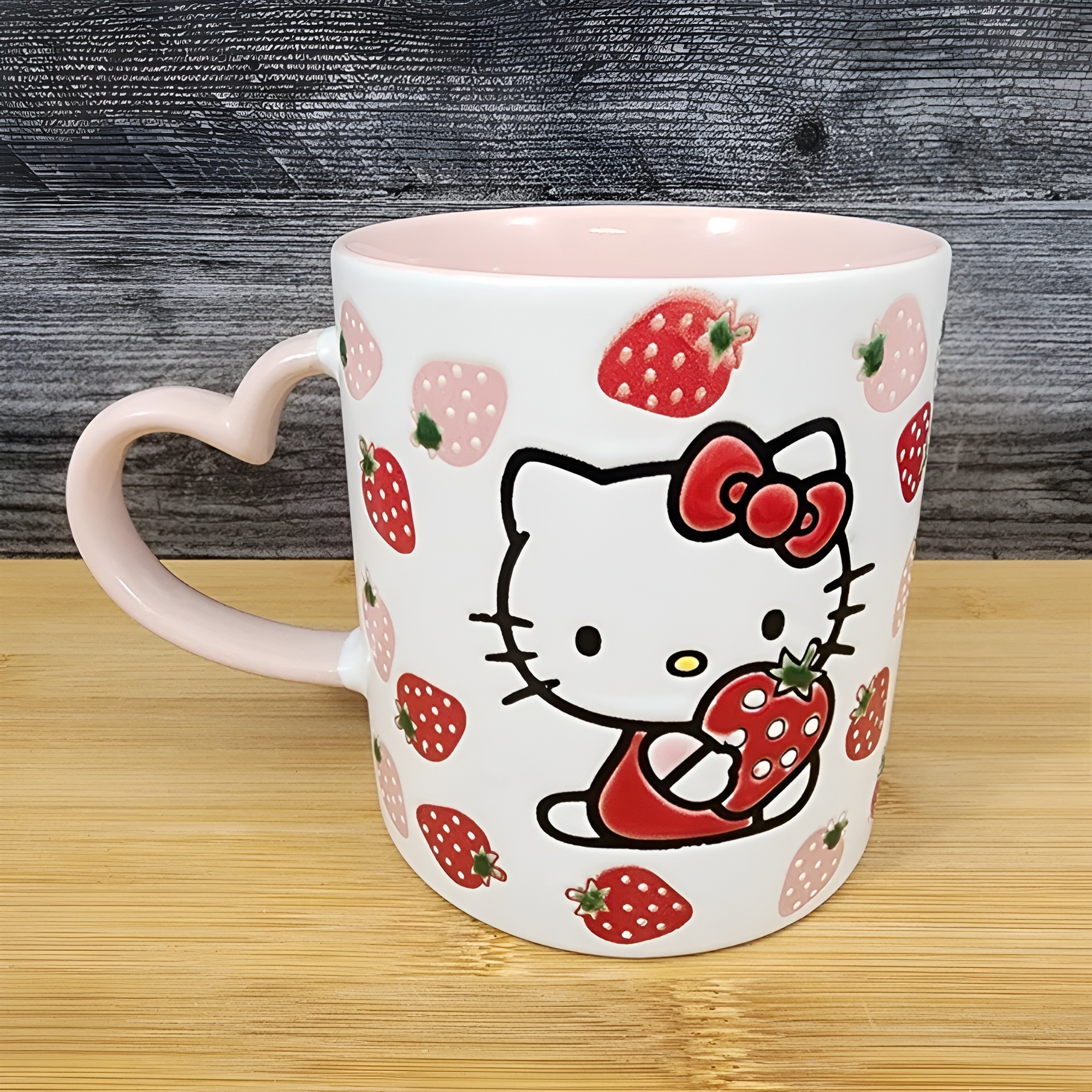 Hello Kitty Strawberry Love Coffee Mug Embossed Blue Sky Ceramic Pink Handle Cup