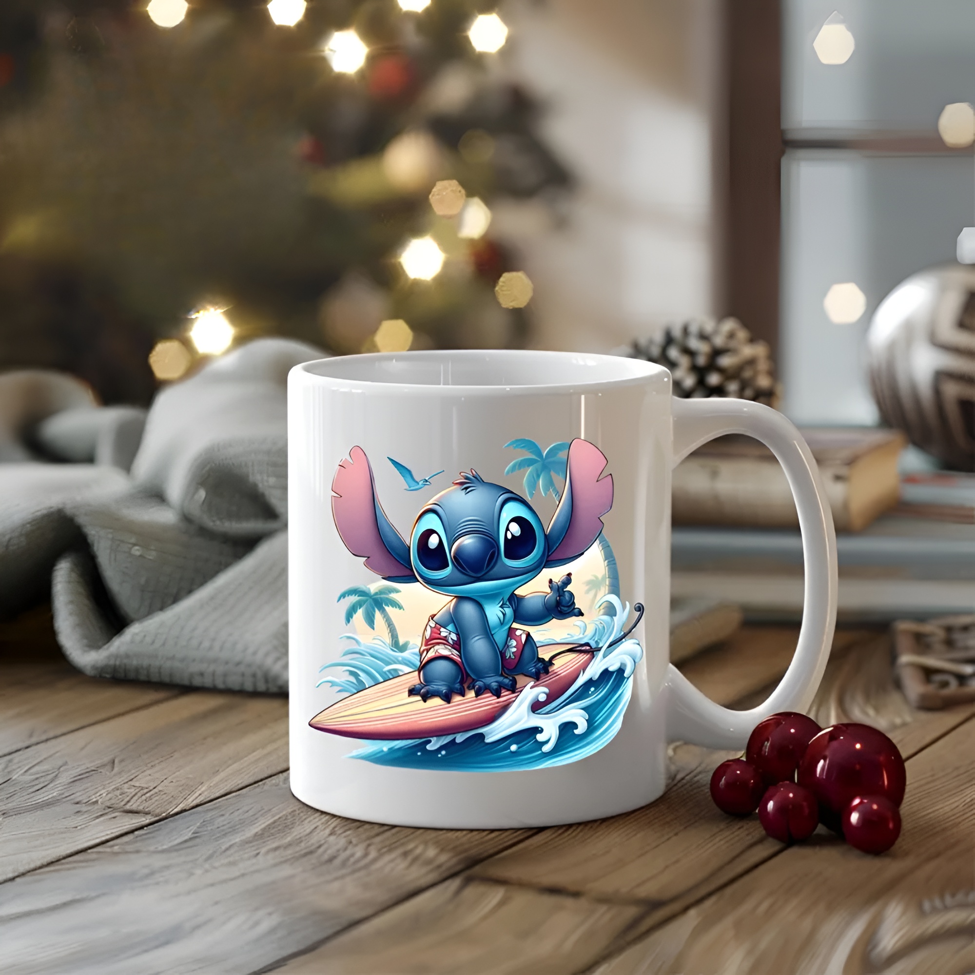 Surfing Stitch Tea Mug, Personalized Gift, 11oz Coffee Cup for Stitch Lovers