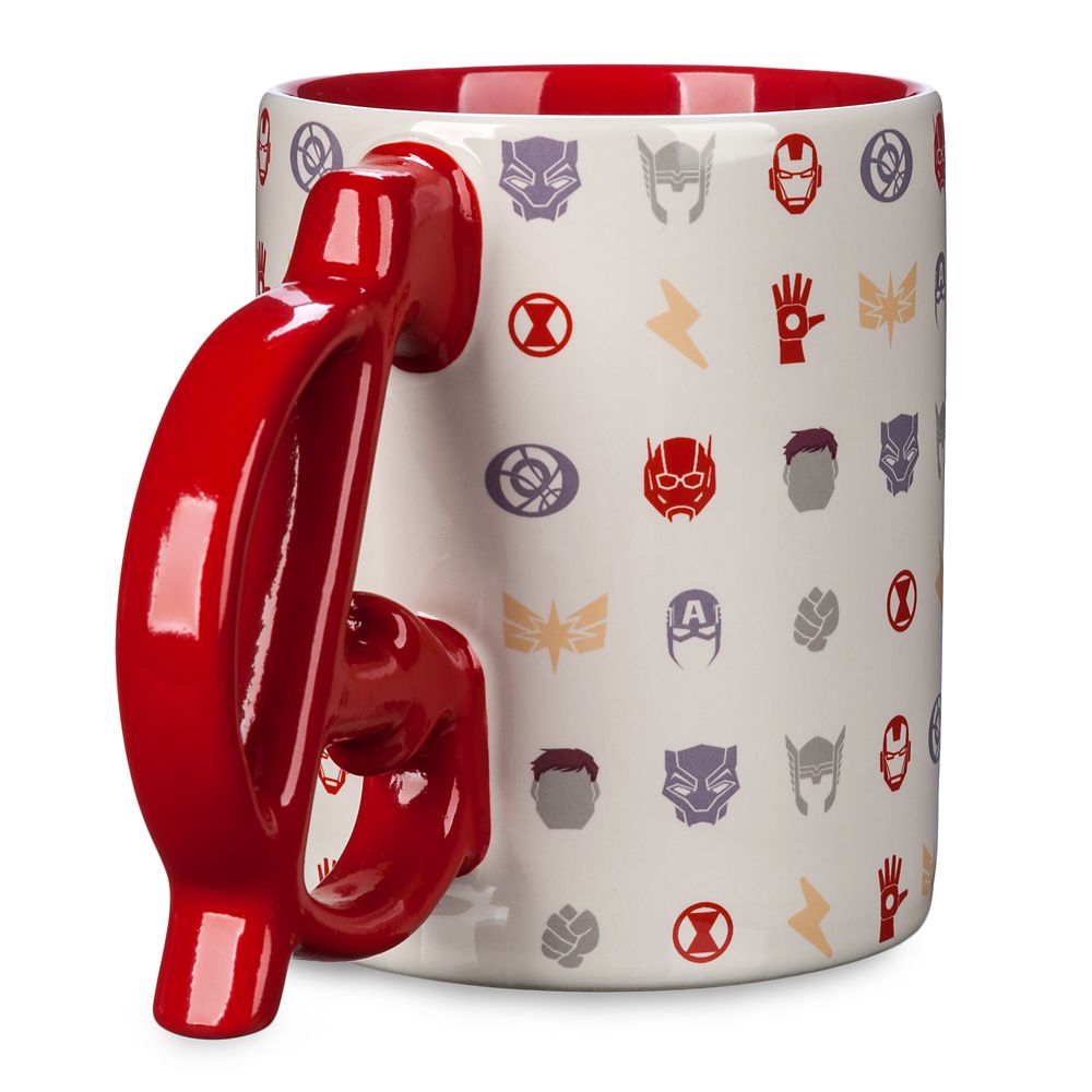 Detailed view of the Avengers icons representing Iron Man Thor and Captain America on a stoneware mug