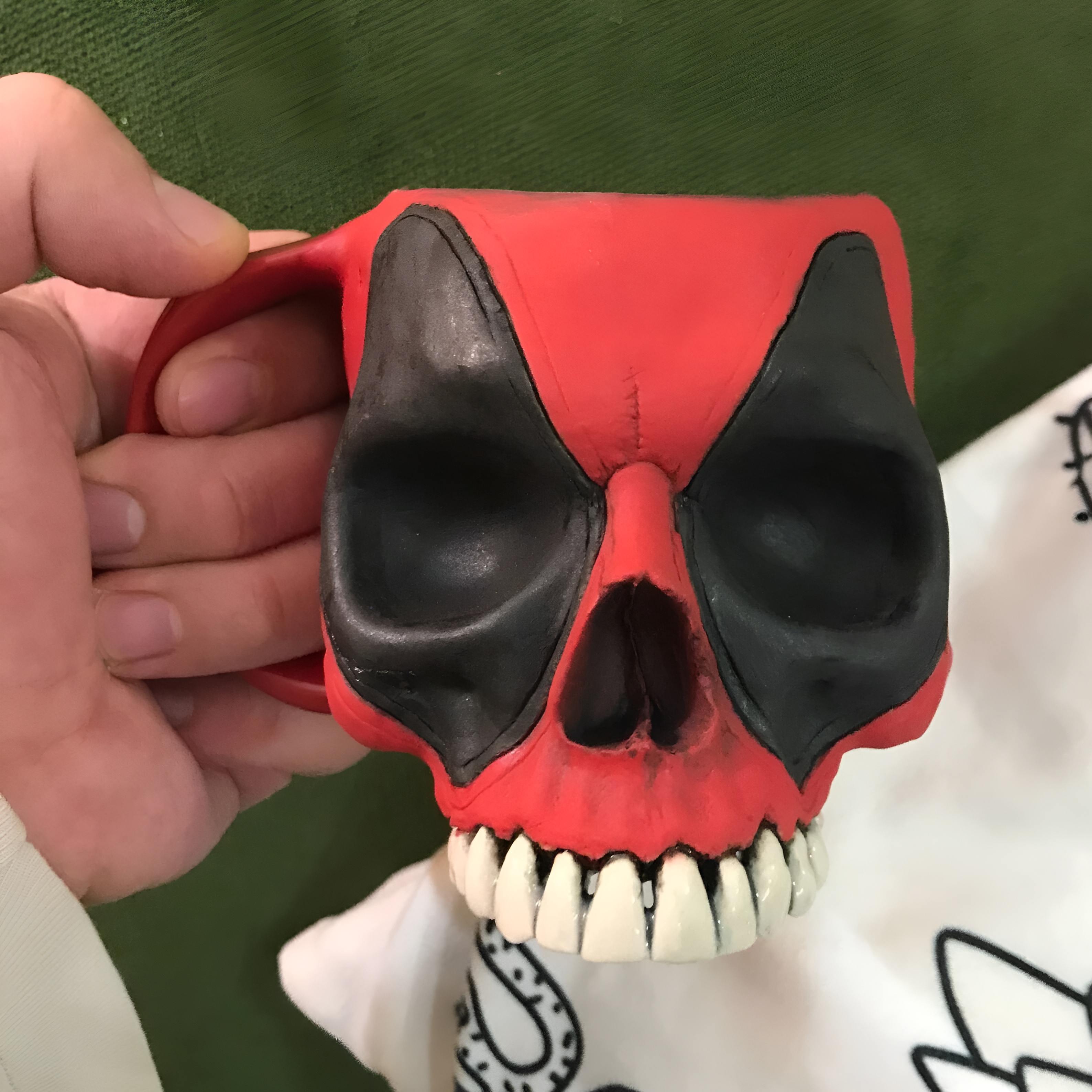 Deadpool Skull Ceramic Mug Handmade Matte Red and Black Coffee Cup