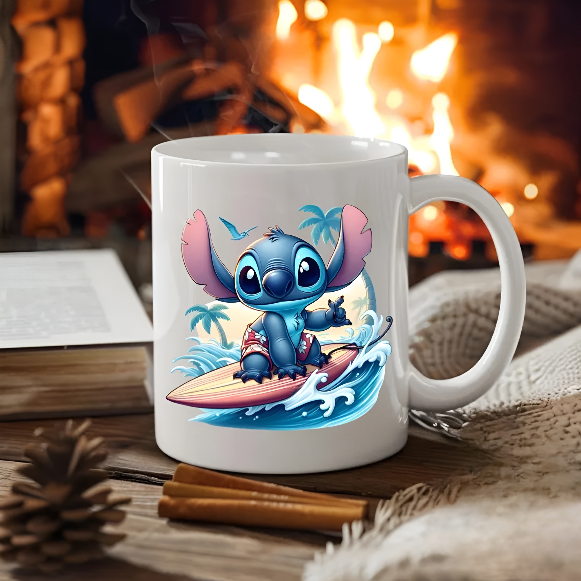 Surfing Stitch Tea Mug, Personalized Gift, 11oz Coffee Cup for Stitch Lovers