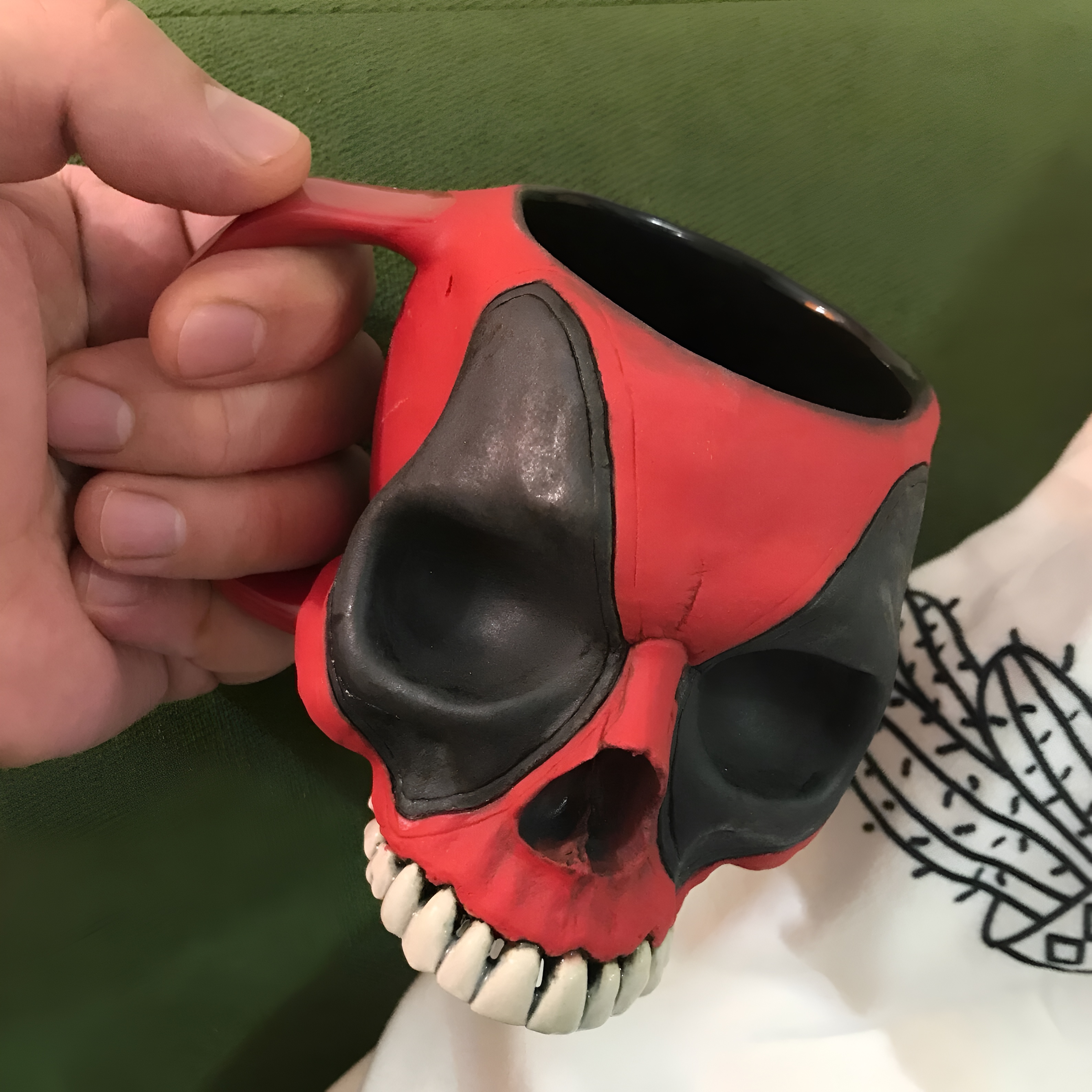 Deadpool Skull Ceramic Mug Handmade Matte Red and Black Coffee Cup