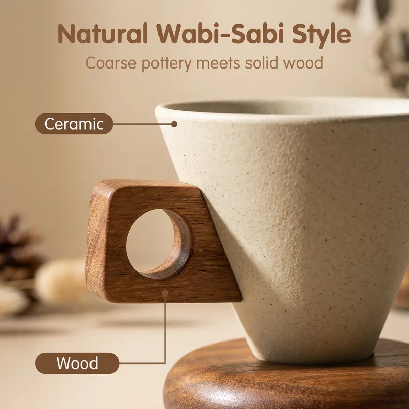 Cone-Shaped Coffee Mug with Wood Handle – Ceramic Aesthetic Cup for Home Cafe, 250ml 1