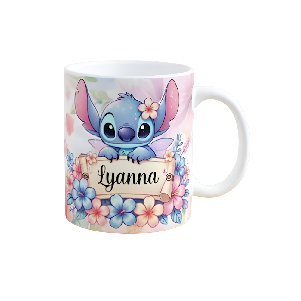 Personalized Name Coffee Mug With Floral Stitch Cartoon Design