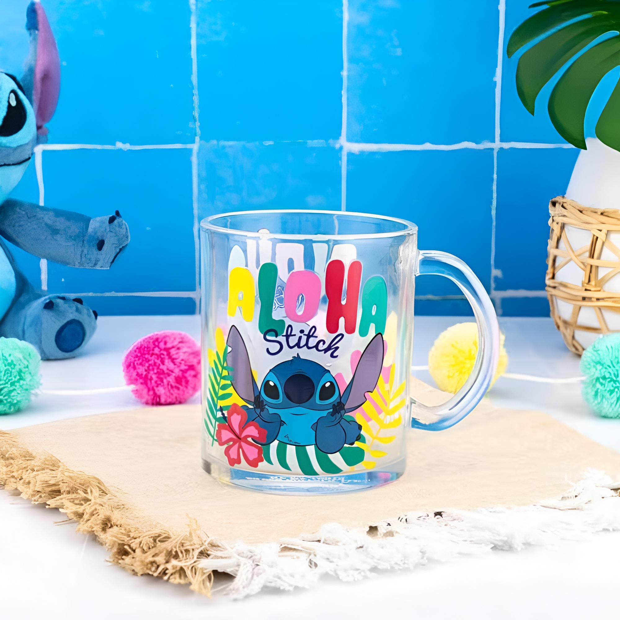 Stitch Aloha Cartoon Print 18oz Glass Coffee Mug