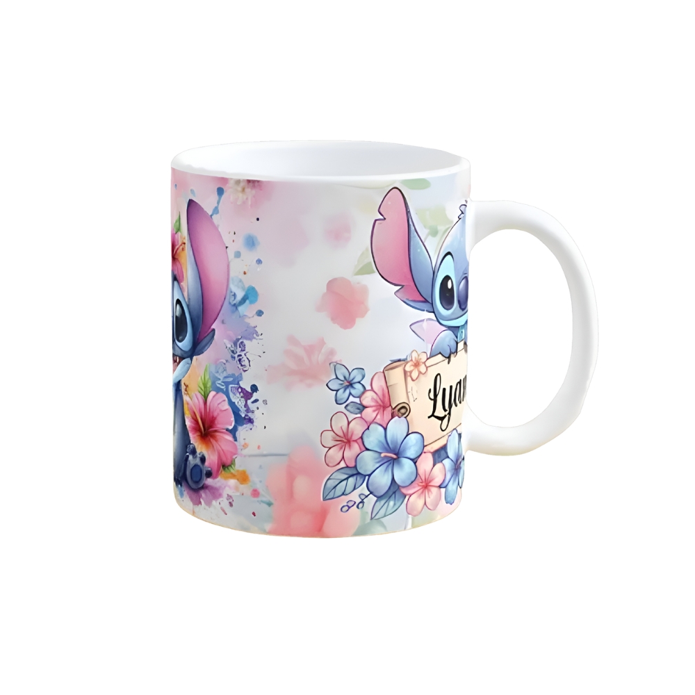 Personalized Name Coffee Mug With Floral Stitch Cartoon Design
