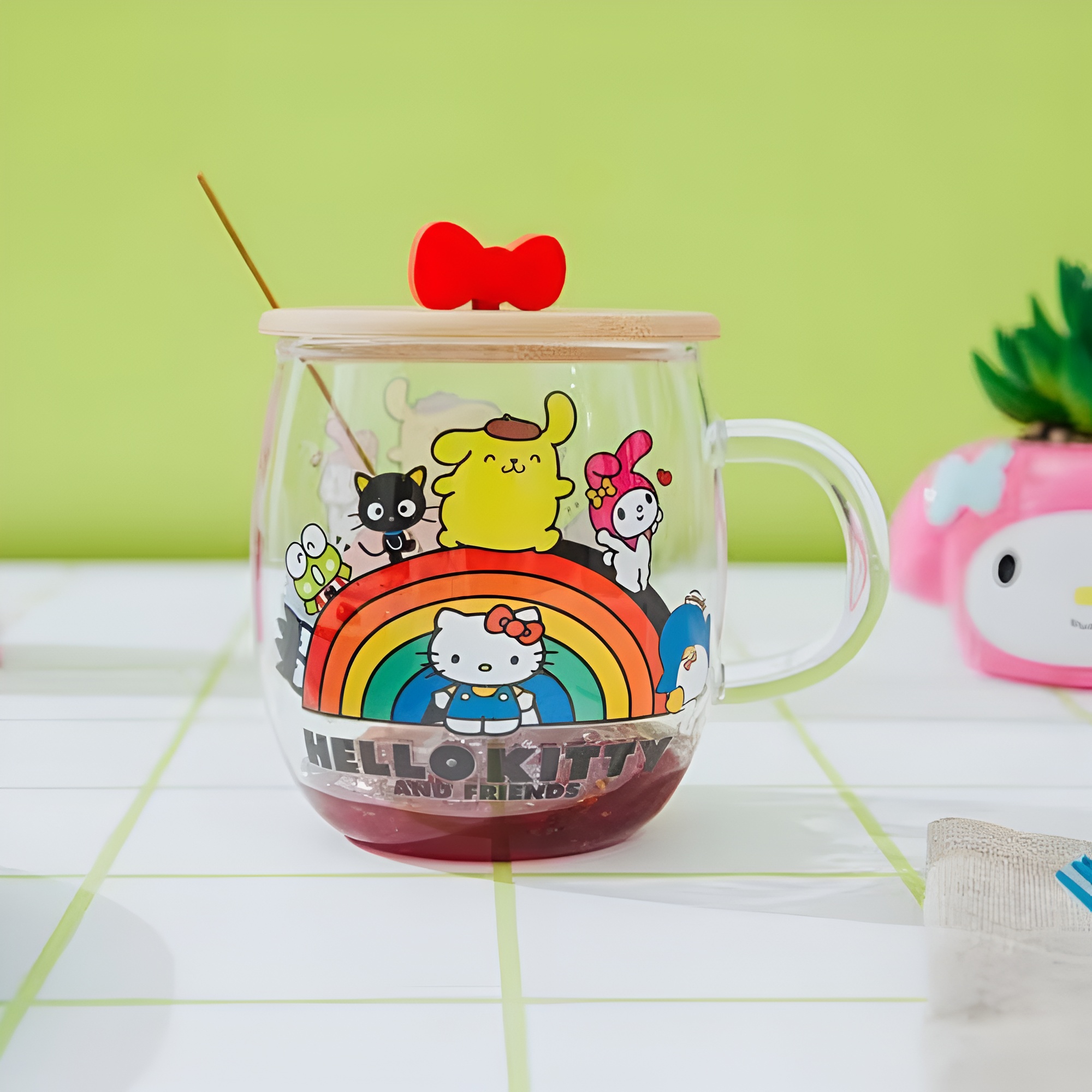 Hello Kitty and Friends Rainbow Glass Mug With Lid and Spoon