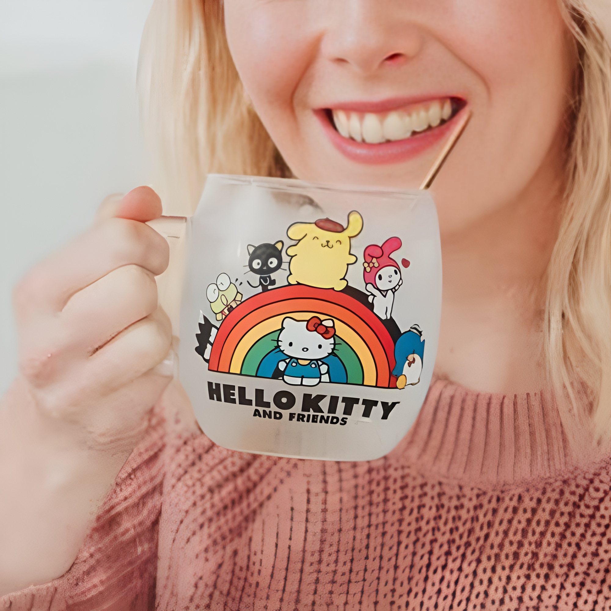 Hello Kitty and Friends Rainbow Glass Mug With Lid and Spoon