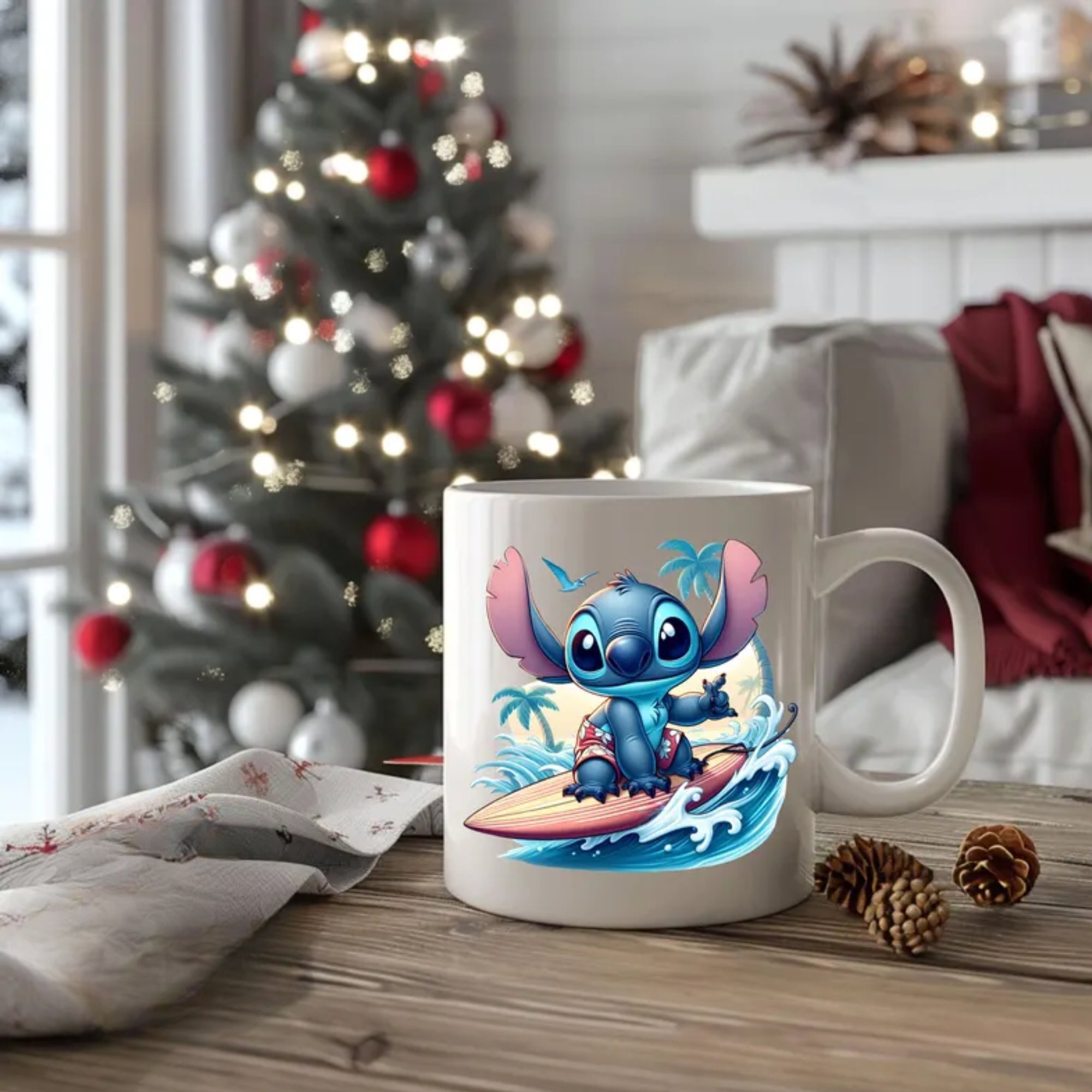 Surfing Stitch Tea Mug, Personalized Gift, 11oz Coffee Cup for Stitch Lovers