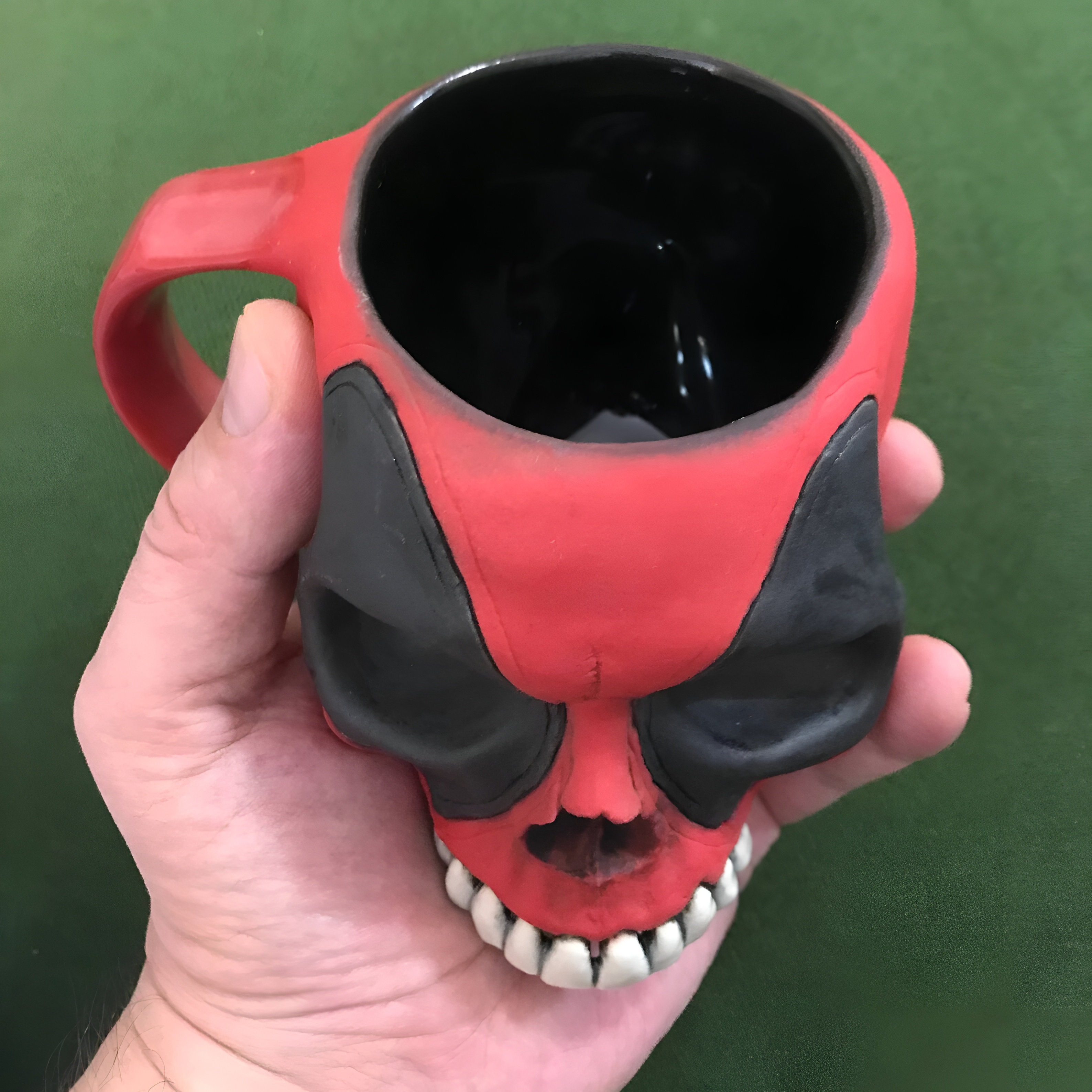 Deadpool Skull Ceramic Mug Handmade Matte Red and Black Coffee Cup