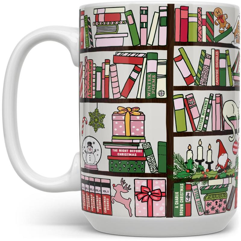 Christmas Bookshelf Library Printed Holiday Coffee Mug