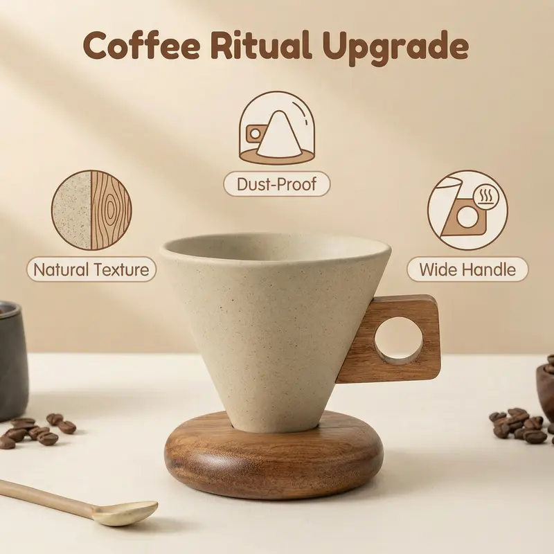 Cone-Shaped Coffee Mug with Wood Handle – Ceramic Aesthetic Cup for Home Cafe, 250ml 2