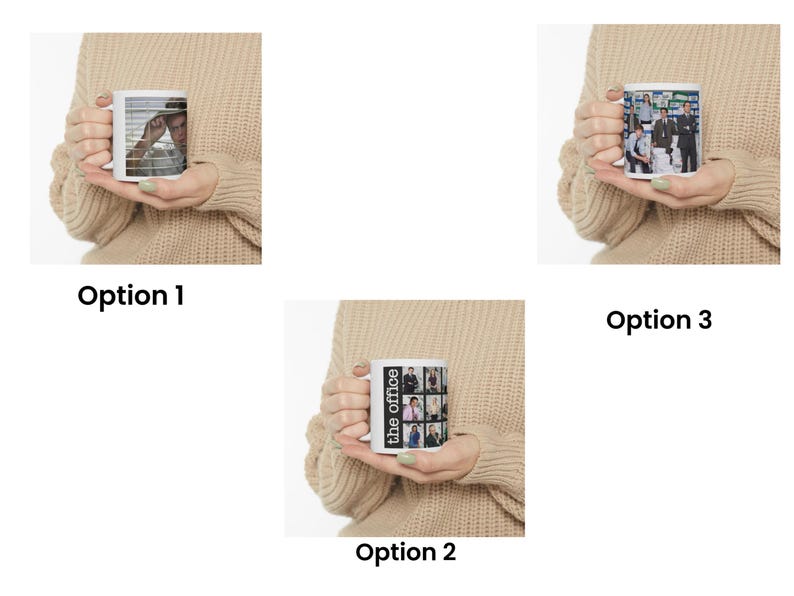 May include: Three white ceramic mugs with different images printed on them. The first mug has a black and white image of a man looking out a window. The second mug has a black and white image of the text "The Office" with a collage of characters from the show. The third mug has a black and white image of a group of people standing together.