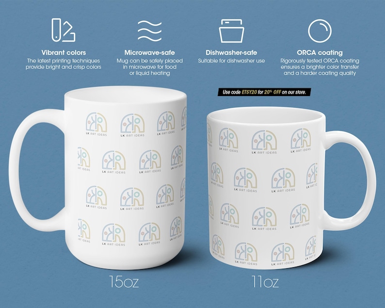 May include: Two white ceramic mugs with a repeating pattern of an elephant logo. The mugs are labeled 15oz and 11oz. The image includes text about vibrant colors, microwave and dishwasher safety, and ORCA coating. The text also includes "Use code ETSY20 for 20% OFF on our store."