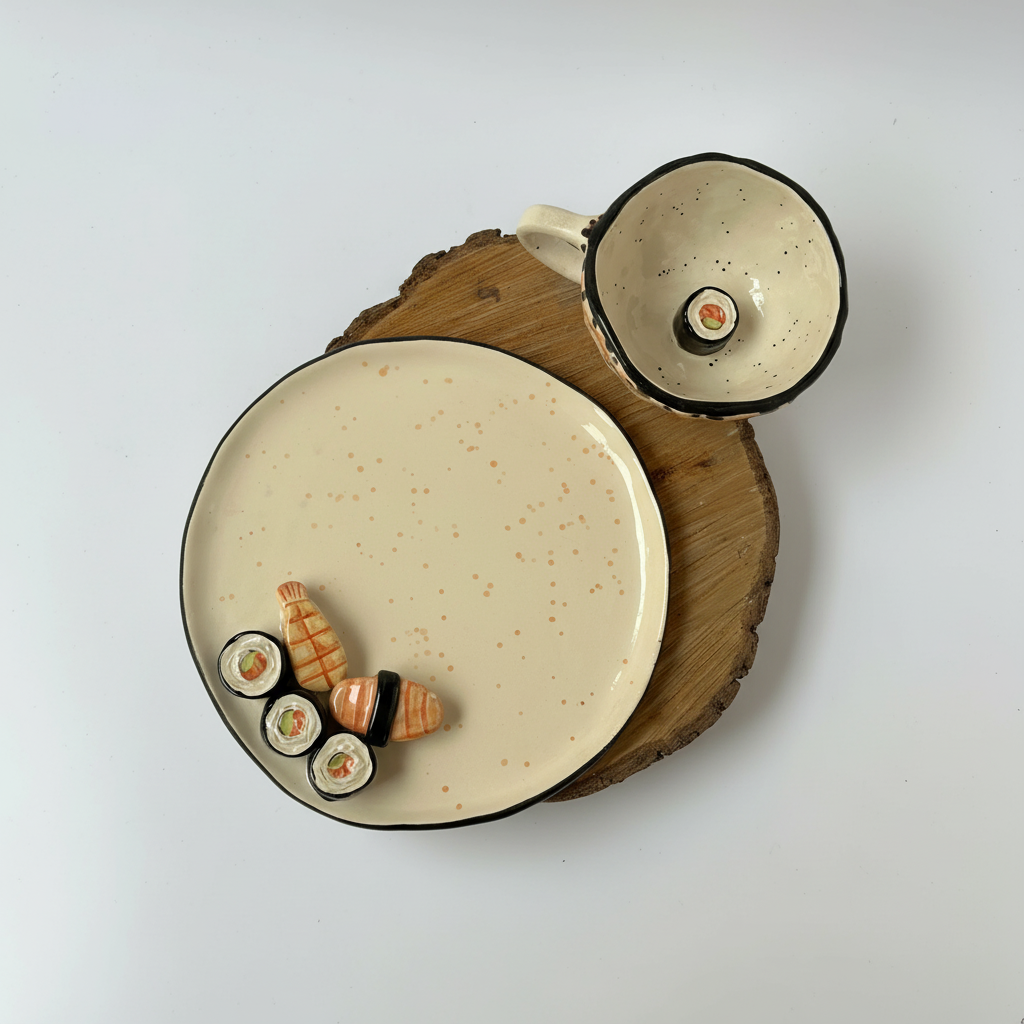 Handmade Ceramic Sushi Decorated Mug And Plate Set