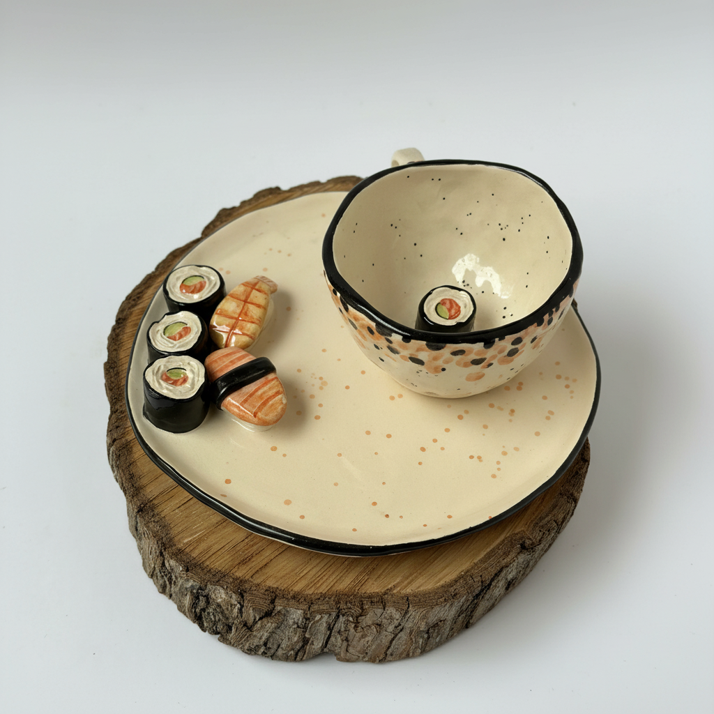 Handmade Ceramic Sushi Decorated Mug And Plate Set