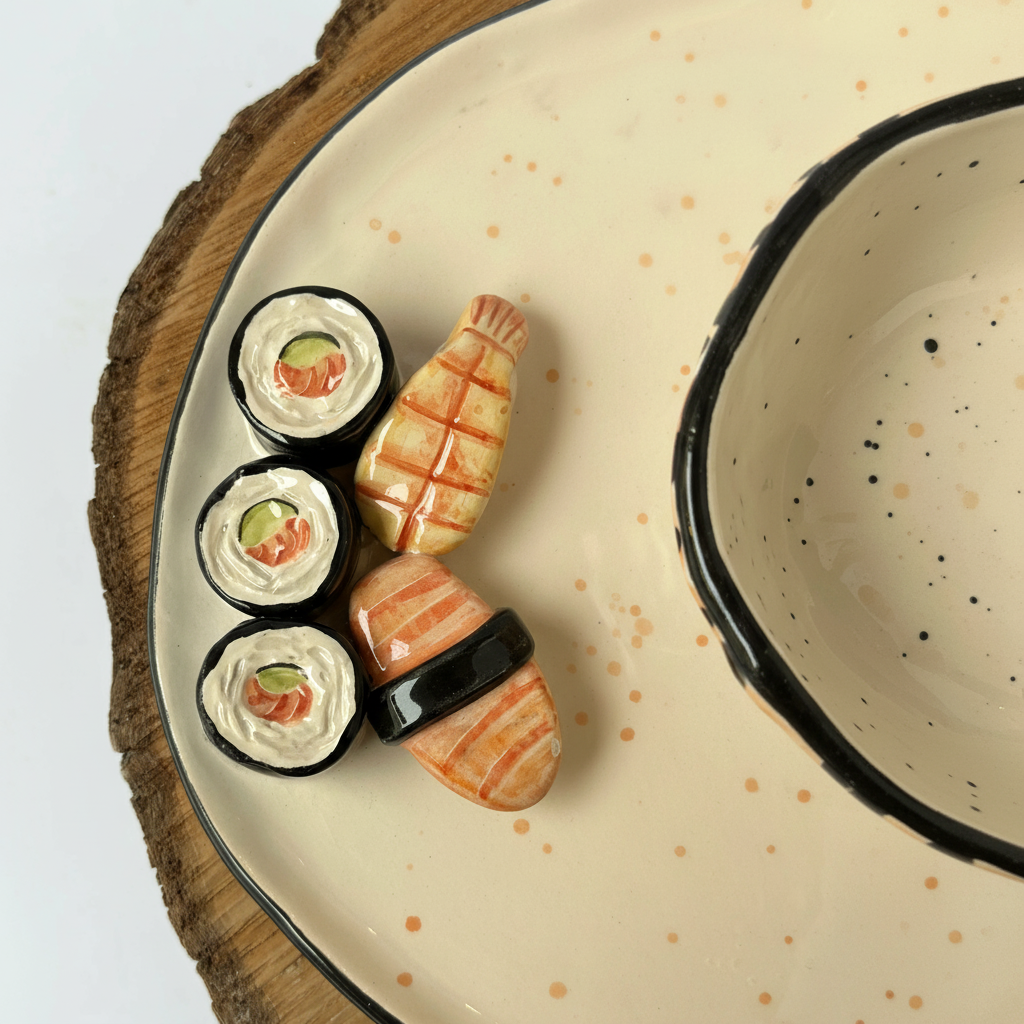 Handmade Ceramic Sushi Decorated Mug And Plate Set