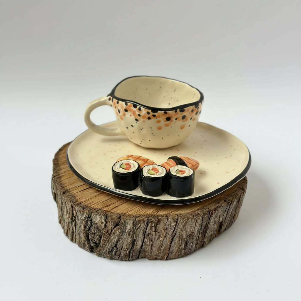 Handmade Ceramic Sushi Decorated Mug And Plate Set